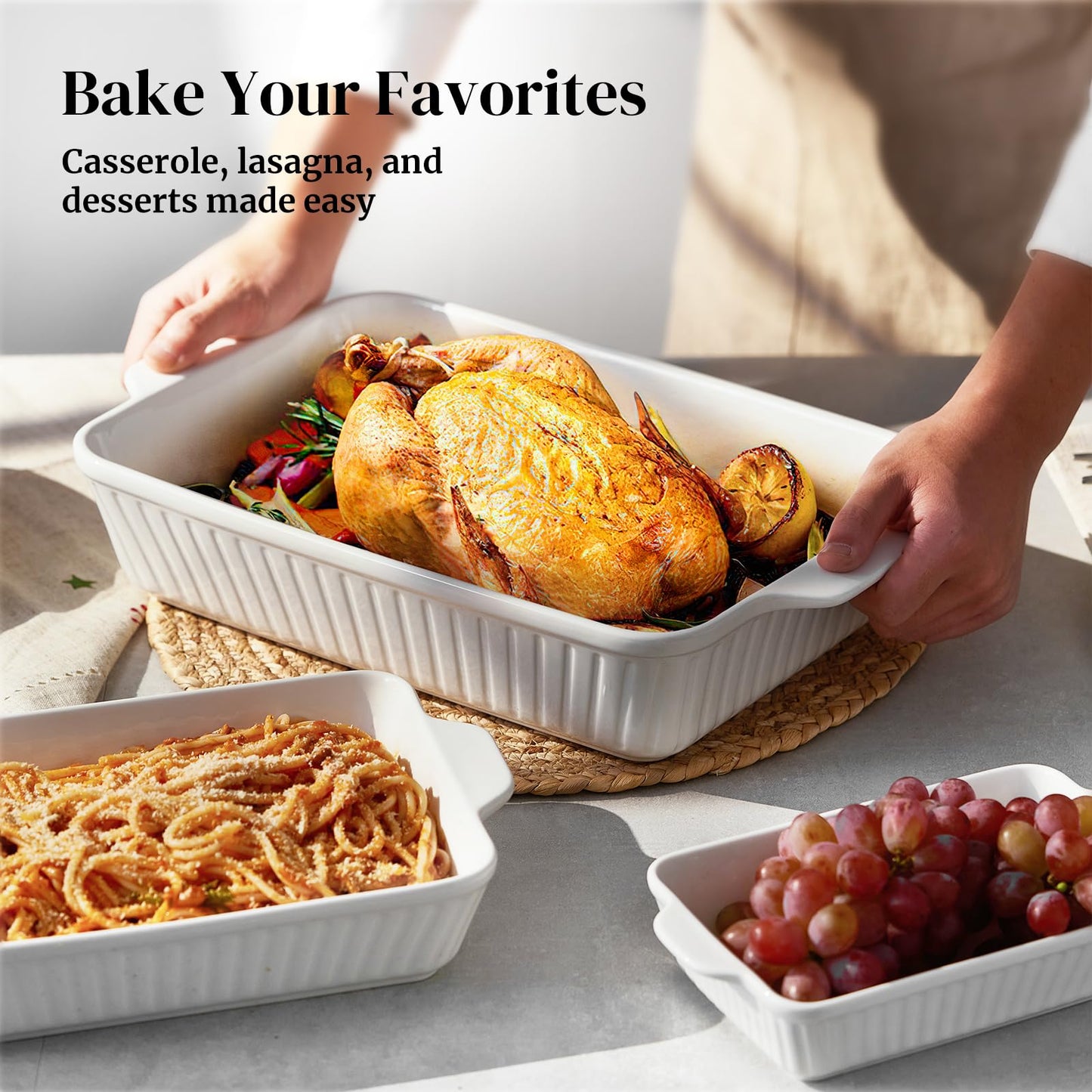 DOWAN Casserole Dishes for Oven, Baking Dishes Set, Ceramic Bakeware Sets of 3, Lasagna Pan Deep, Rectangular Baking Pan Set with Handles for Baking, Casserole, Kitchen, Wedding Gift, Soft White (15.6