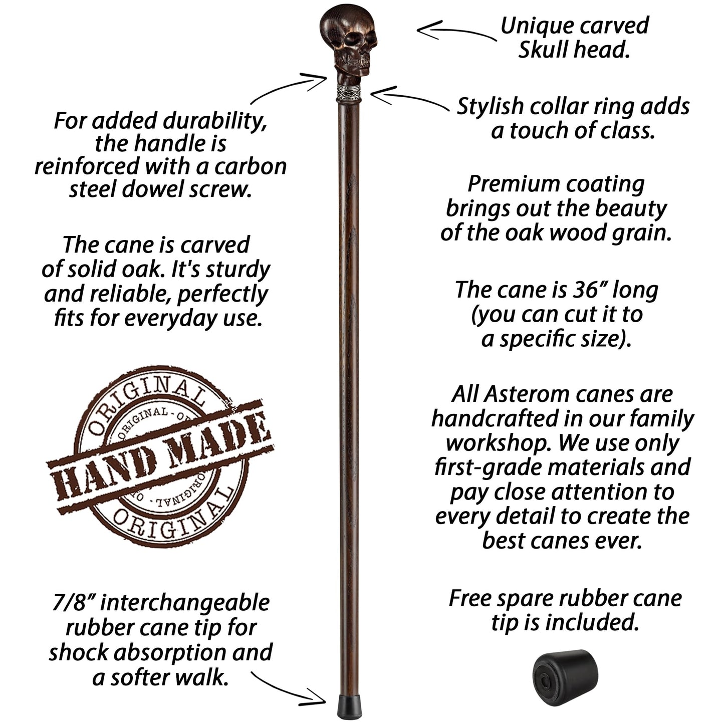 Asterom Unique Carved Wood Walking Cane for Men and Women - Yorick - Handmade Skull Walking Stick Cool Gothic Cane