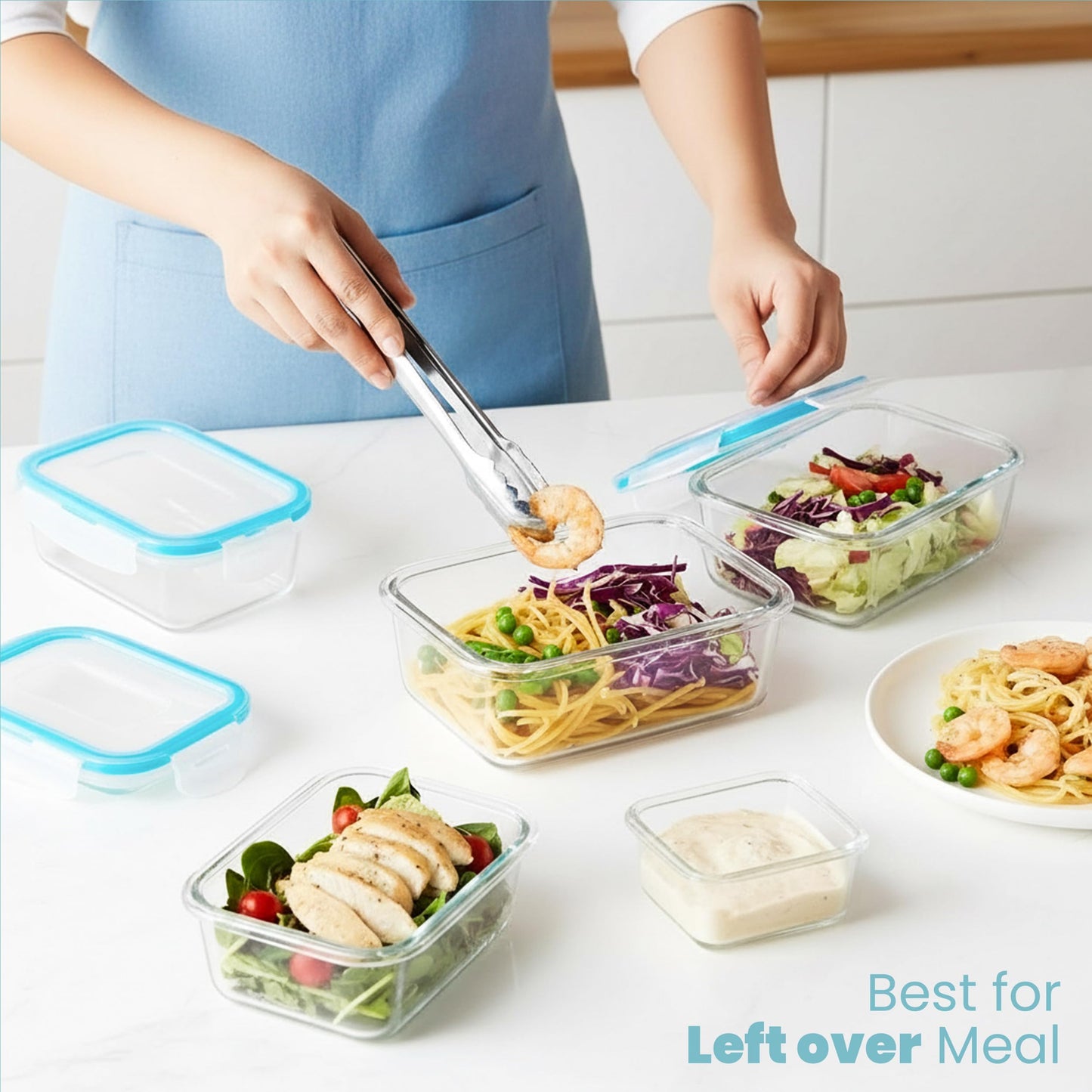 KICHLY 9 Pack Glass Container Food Storage with Airtight Lids, Leakproof Lunch Boxes, BPA-Free, Large, Small and Round Meal Prep Glass Storage Containers, Microwave Safe