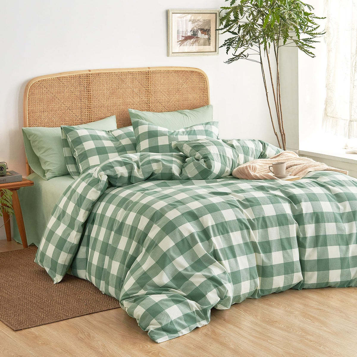 Wake In Cloud - Gingham Duvet Cover Set, 100% Washed Cotton Plaid Buffalo Check Checkered Geometric Farmhouse Bed Bedding with Zipper Closure, 3 Pieces, Green White, Queen Size