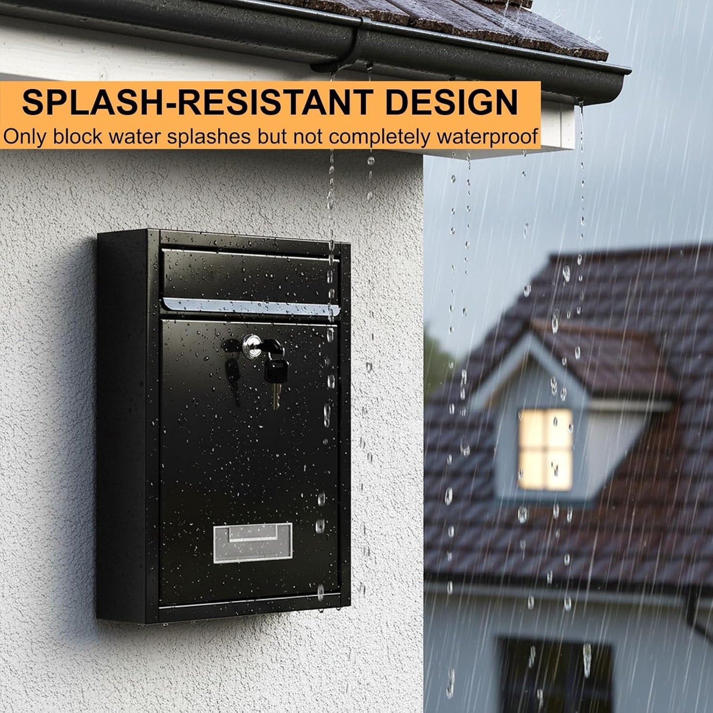 DEAYOU Wall Mount Mailbox, Steel Cover Metal Drop Box, Mail Box with Key Lock, Dropbox with Slot for Envelope, Home, Outside, Office Business, Decor, 12.6" H x 8.5" L x 3.3" W, Black