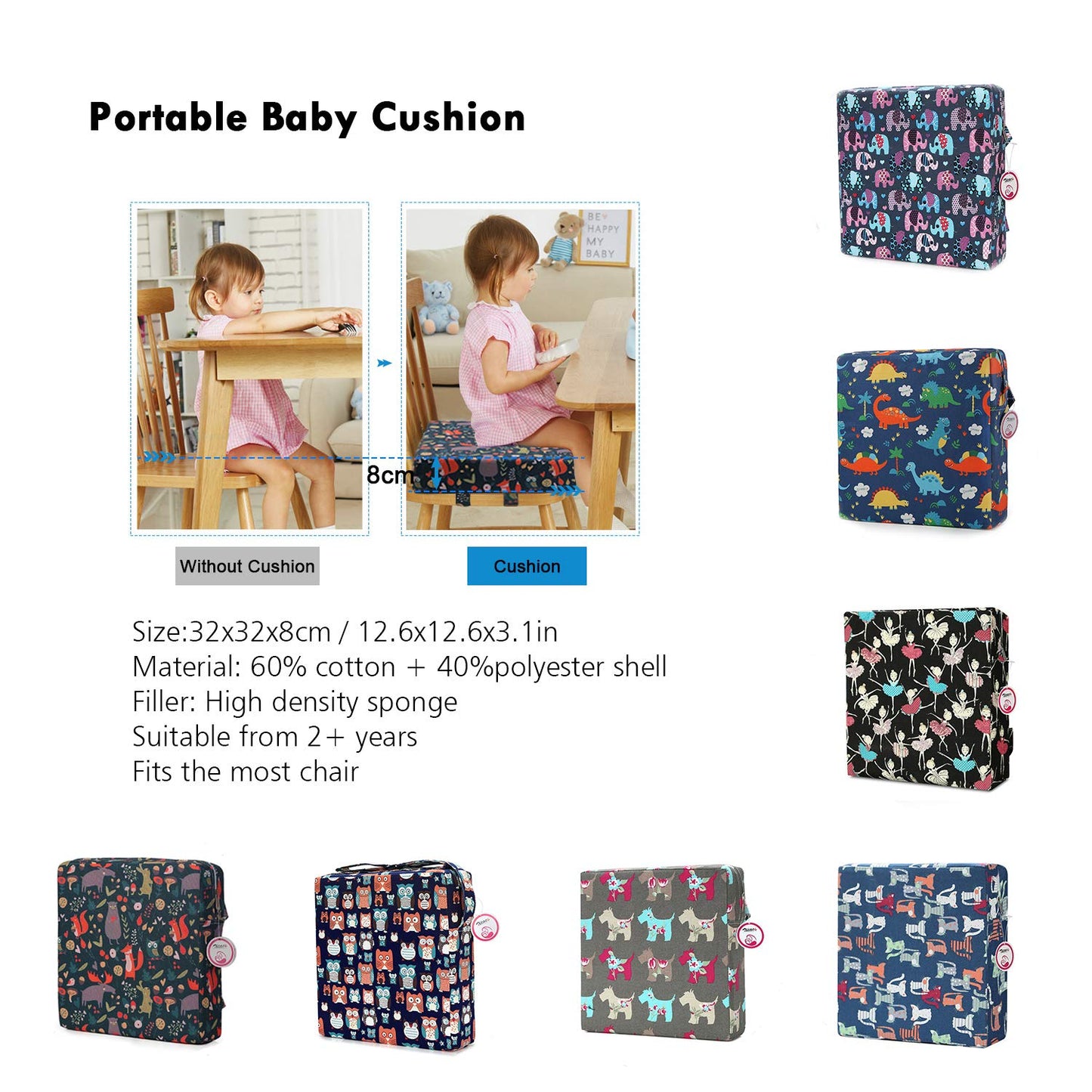 Zicac Portable High Chair Increasing Seat Cushion for Travel Dining Seat Pad for Toddler Kids Baby Infant Washable Thick Chair Seat Pads (Dark green)