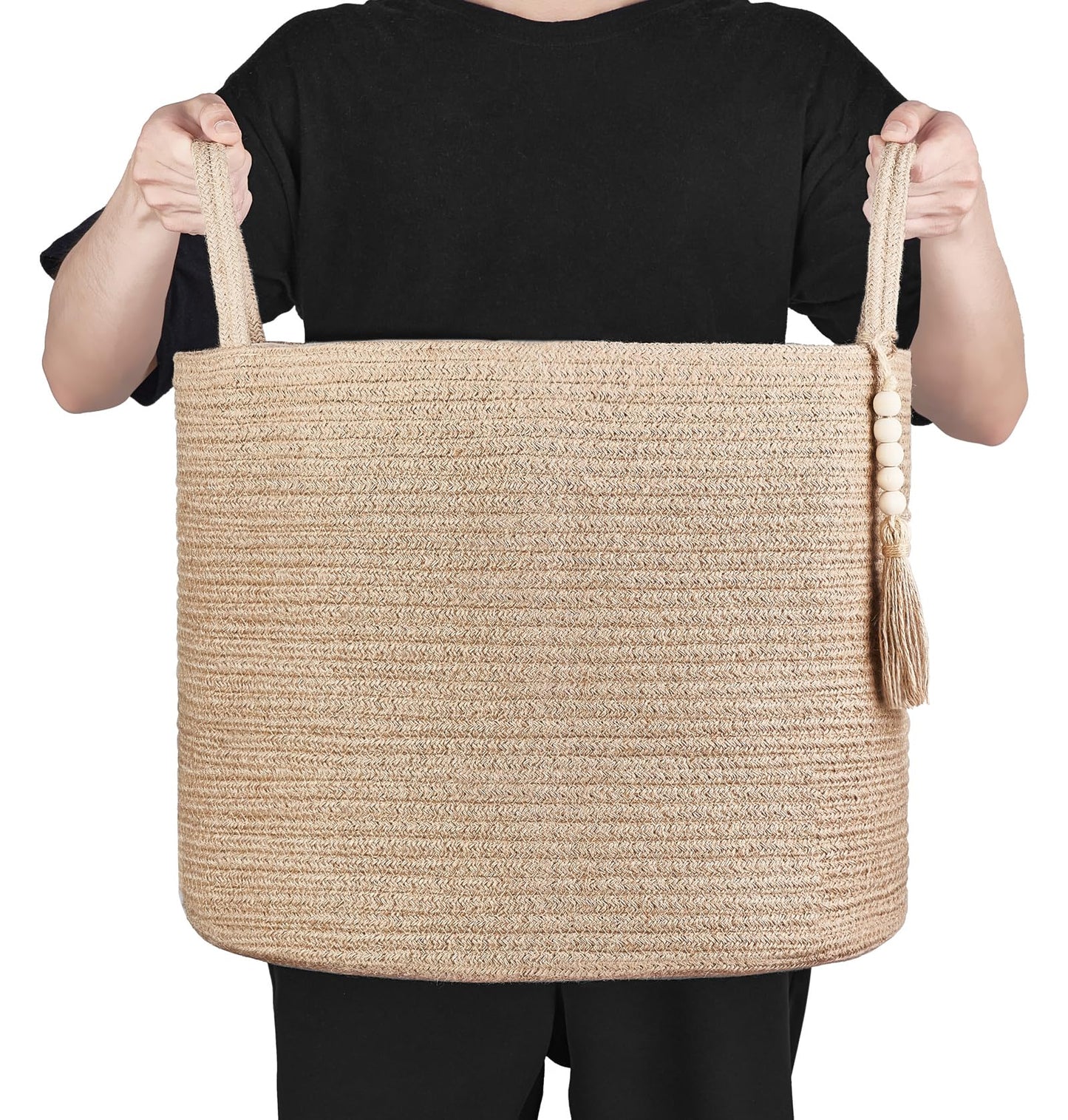 Mkono Woven Storage Basket Decorative Natural Rope Basket Wooden Bead Decoration for Blankets,Toys,Clothes,Shoes,Plant Organizer Bin with Handles Living Room Home Decor, Jute, 16" W × 13.8" L