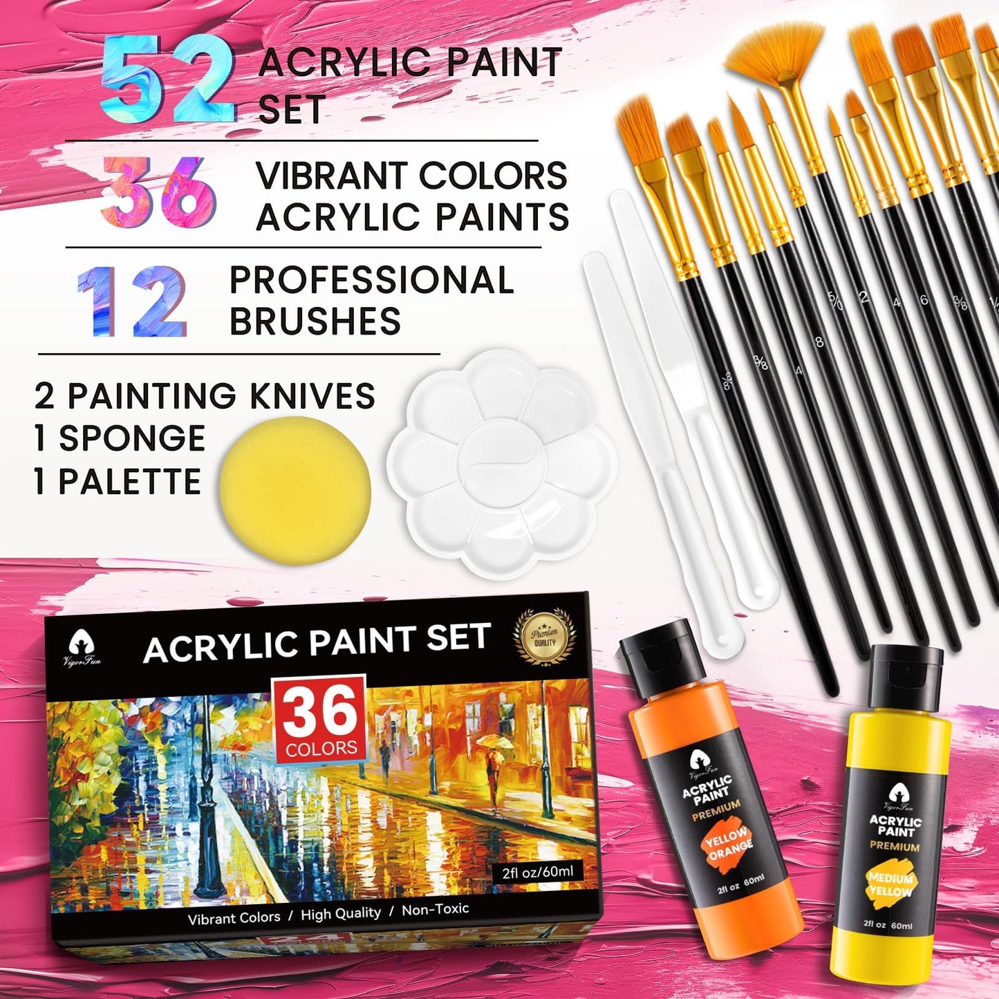 Acrylic Paint Set, 52 PCS Art Craft Paint Kit with 12 Brushes, 2oz/60ml Bottles, Gifts for Artists Adult Beginners Painting on Canvas Rocks Wood Ceramic Fabric Premium Art Supplies (36 Classic Colors)