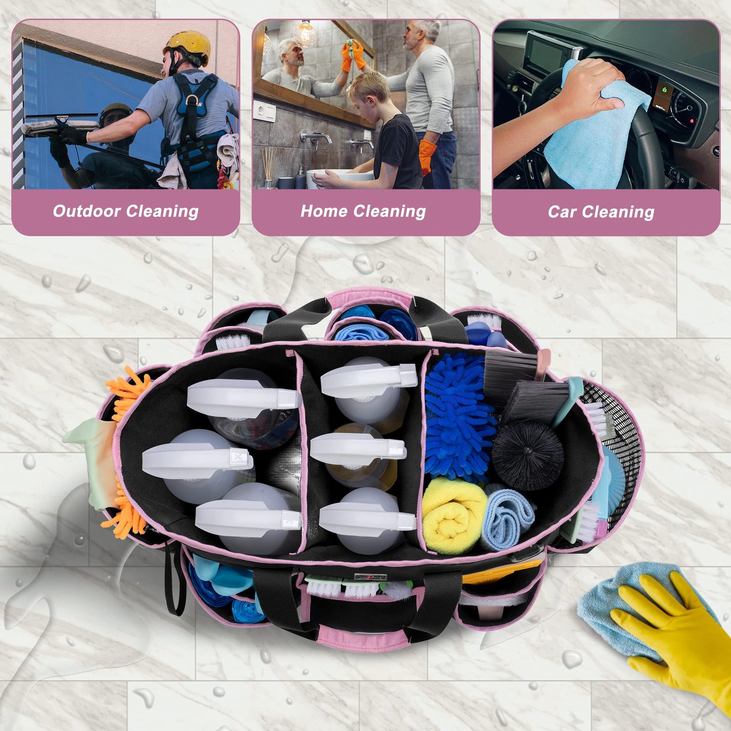 LoDird Cleaning Caddy Bag with 3 Compartments and Multifunctional Pockets, Cleaning Supplies Organizer for Cleaning Work with Handle and Shoulder Strap, Grey