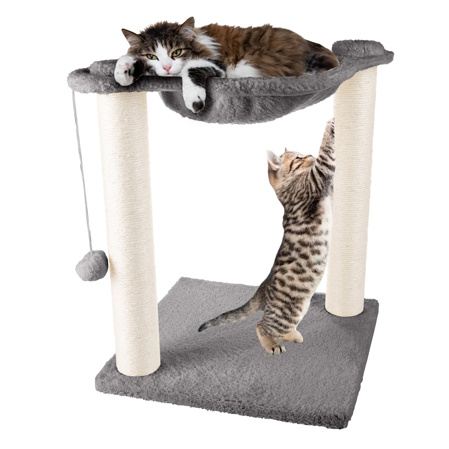 Cat Hammock with Scratching Posts for Indoor Cats - 19-Inch-Tall Cat Tree with Hanging Ball Toy for Adult Cats and Kittens by PETMAKER (Gray)
