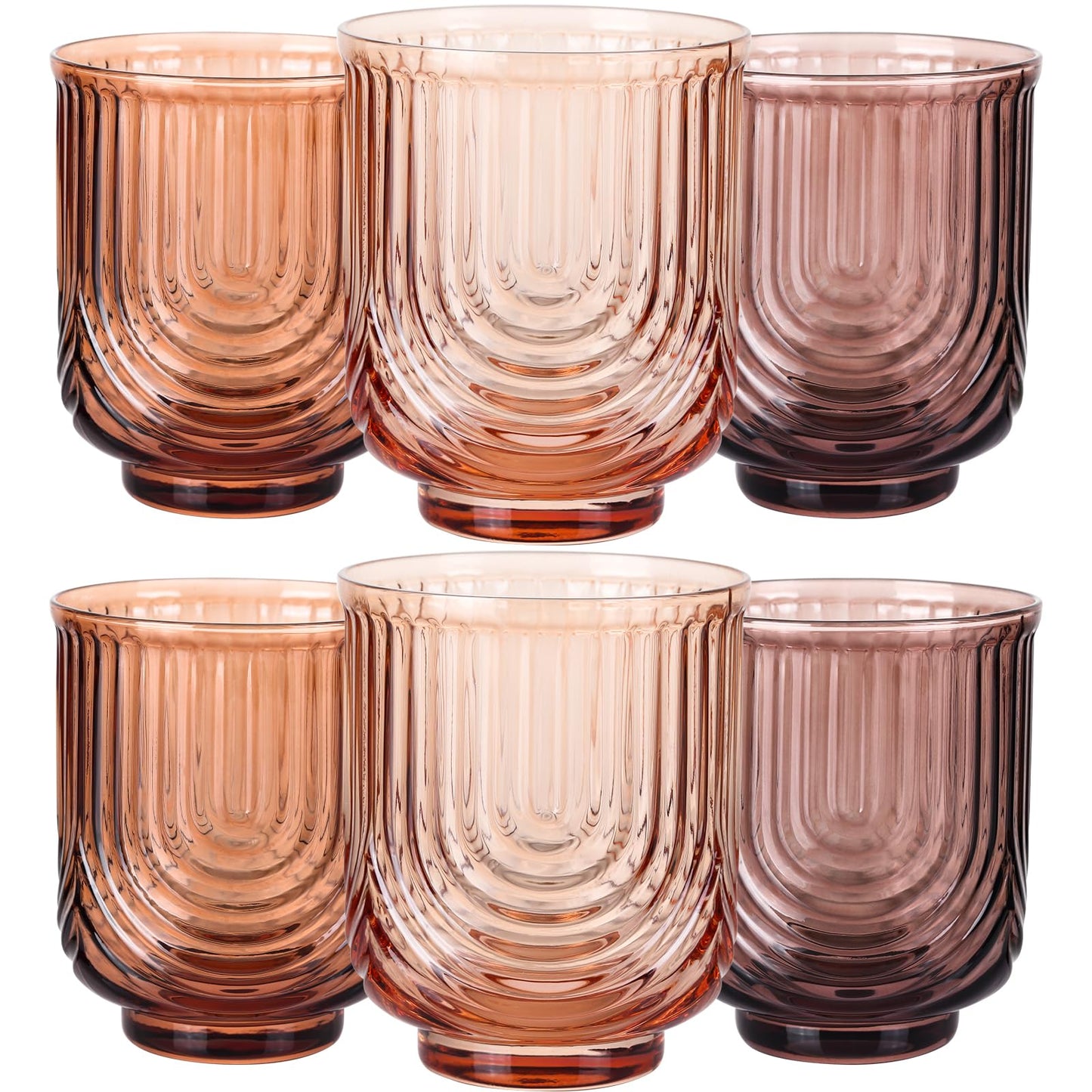JOVGANK Amber Vintage Glassware Set of 6-14Oz Amber Water Drinking Glass, Art Deco Ripple Highball Glass, Whiskey Cocktail Glasses, for Bar Beverages Ice Coffee Juice, Housewarming Gifts
