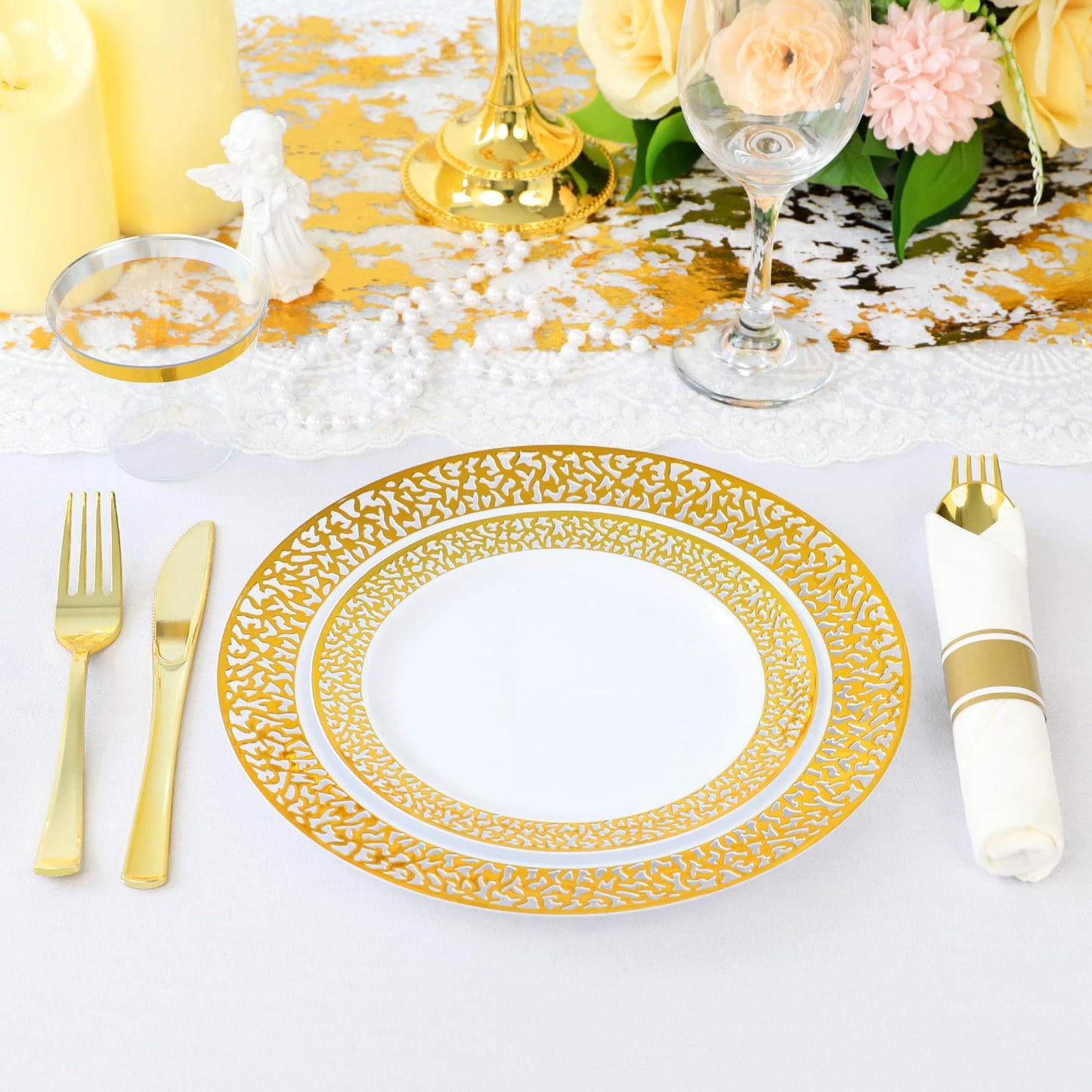 350 Piece Dinnerware Set for Wedding & Party,50 Guest Lace Design Plastic Plates,50 Plastic Silverware,50 Cups,50 Linen Like Napkins,50 Guest Disposable Dinnerware Set (Gold)