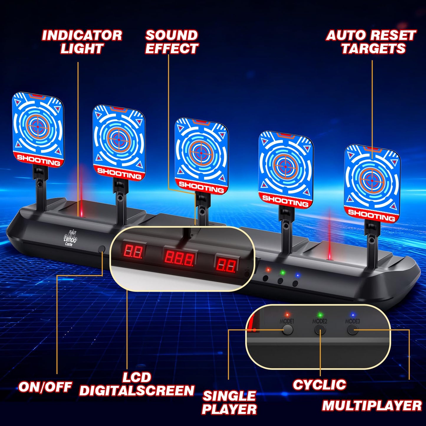 Lehoo Castle Nerf Target, 5 Electronic Digital Target for Nerf Guns, Shooting Targets with Auto-Reset, Scoring Target Includes 20 Bullets, Hand Wrist Bands, Stickers, Gift for Boys Girls