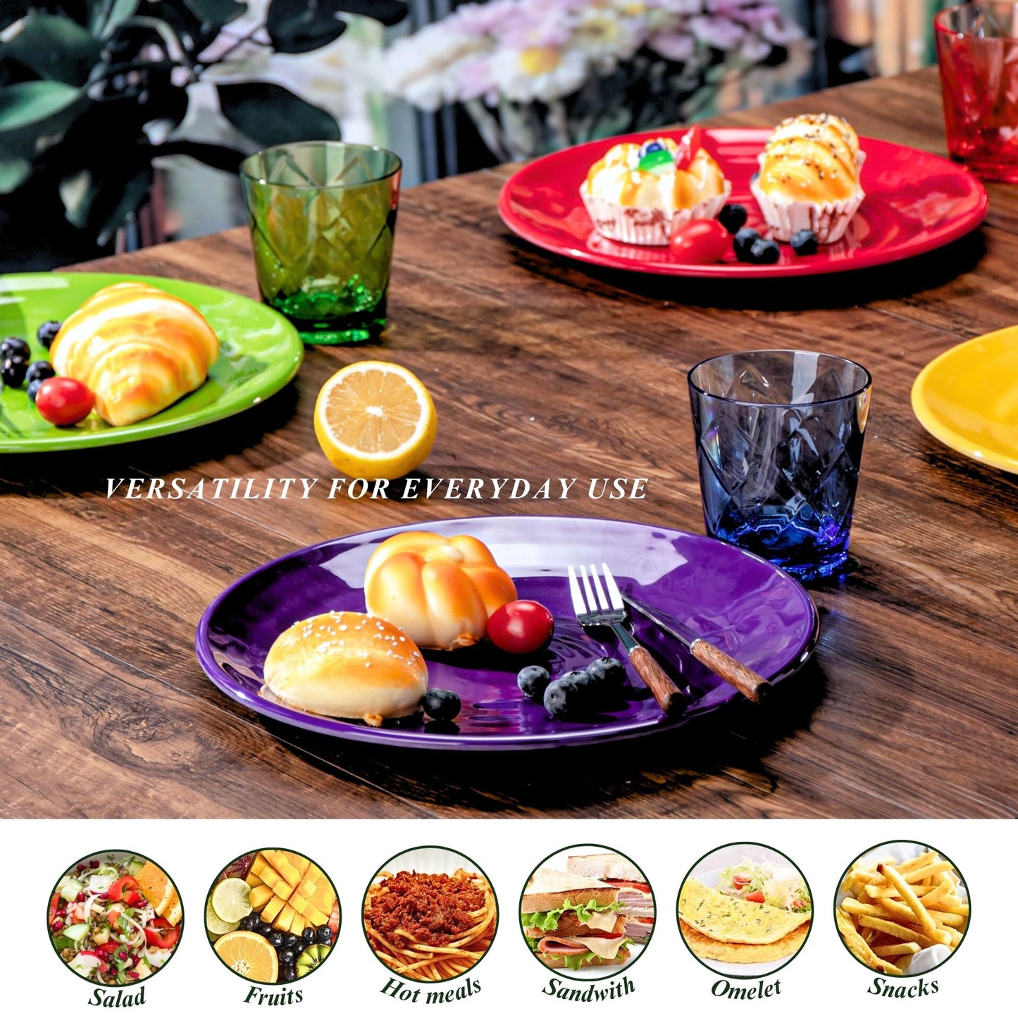 MIYOPESI 11-Inch Melamine Plates (Set of 6) - Unbreakable and Reusable Plastic Dinnerware with Ceramic Feel, Stackable and Dishwasher-Safe - Versatile for All Meals (Multicolor)