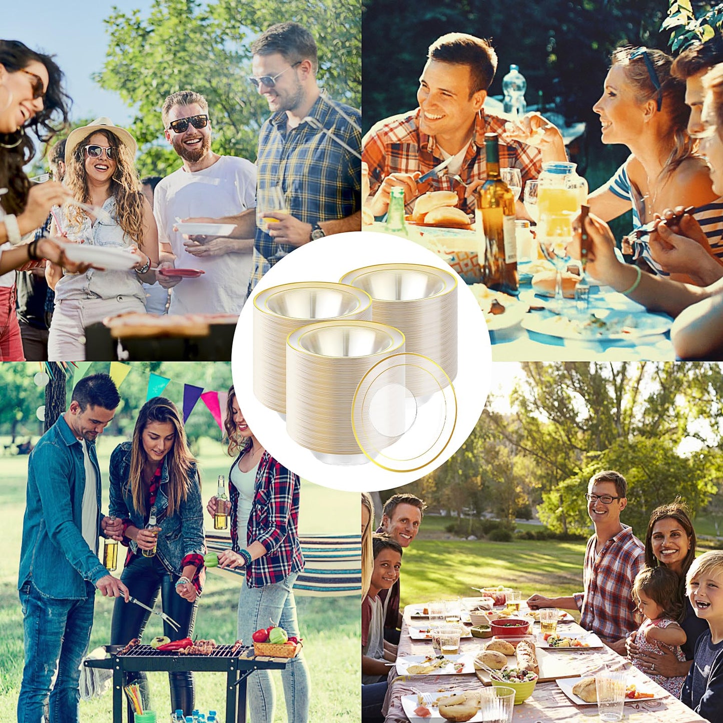 100Pcs Disposable Serving Bowls for Party, 12 oz Plastic Soup Bowls Bulk Clear Dessert Bowl with Gold Rim for Catering Holidays Dinner Wedding Party Supplies