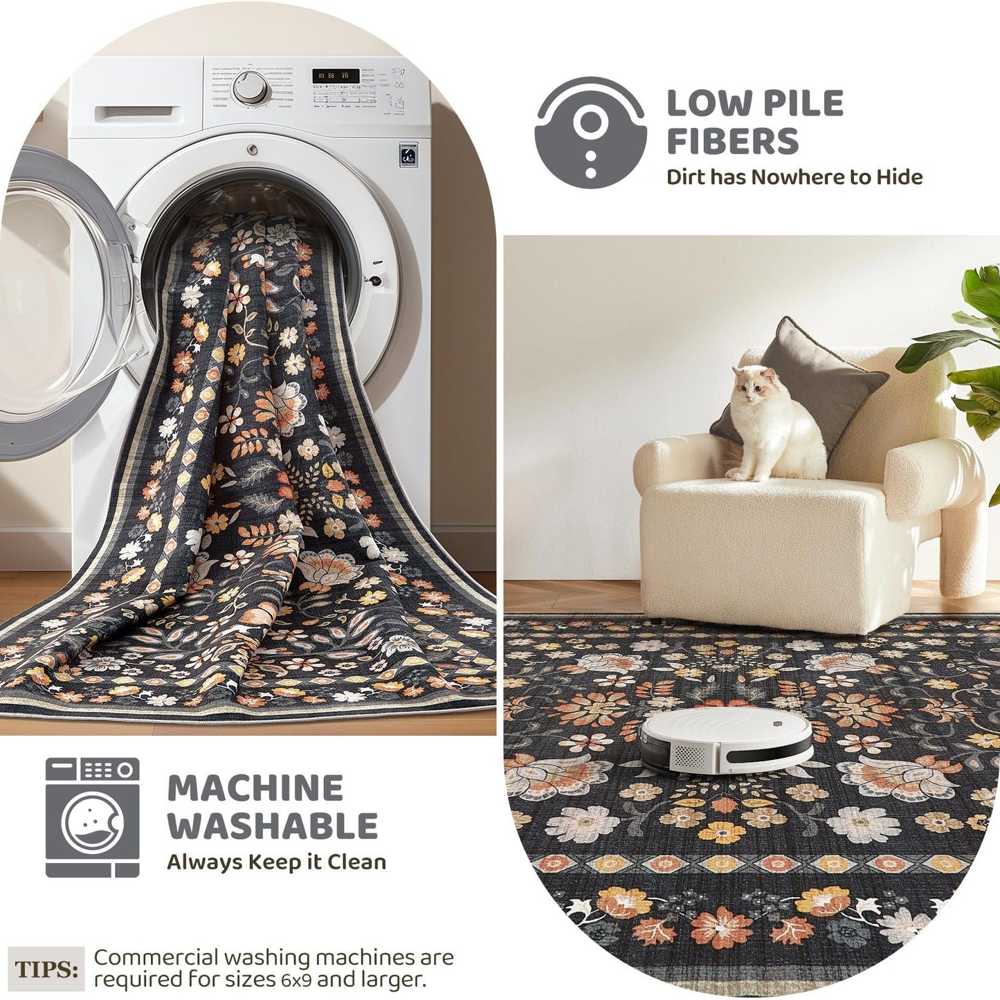 Uermei 5x7 Area Rug for Living Room: Washable Boho Floral Soft Non-Slip Low Pile Carpet for Bedroom Dining Room Kids Playroom Office Decor Indoor-Black Grey