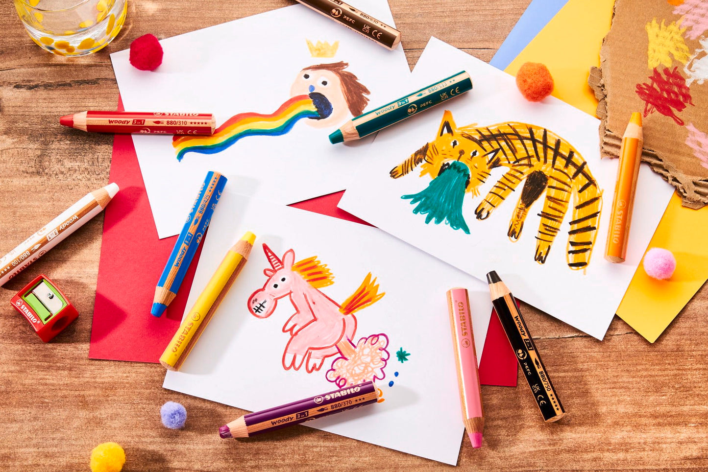 STABILO Multi-Talented Pencil woody 3 in 1 - Pack of 10 - Birthday Edition - Assorted Colours with Sharpener