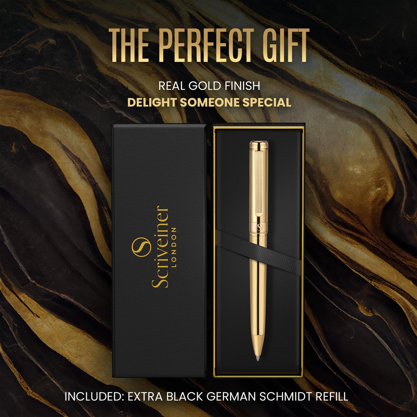 Scriveiner Gold Ballpoint Pen - Stunning Luxury Pen, Real Gold Plating, Schmidt Black Refill, Best Ball Pen Gift Set for Men & Women, Professional Executive Office, Nice Fancy Designer Pens