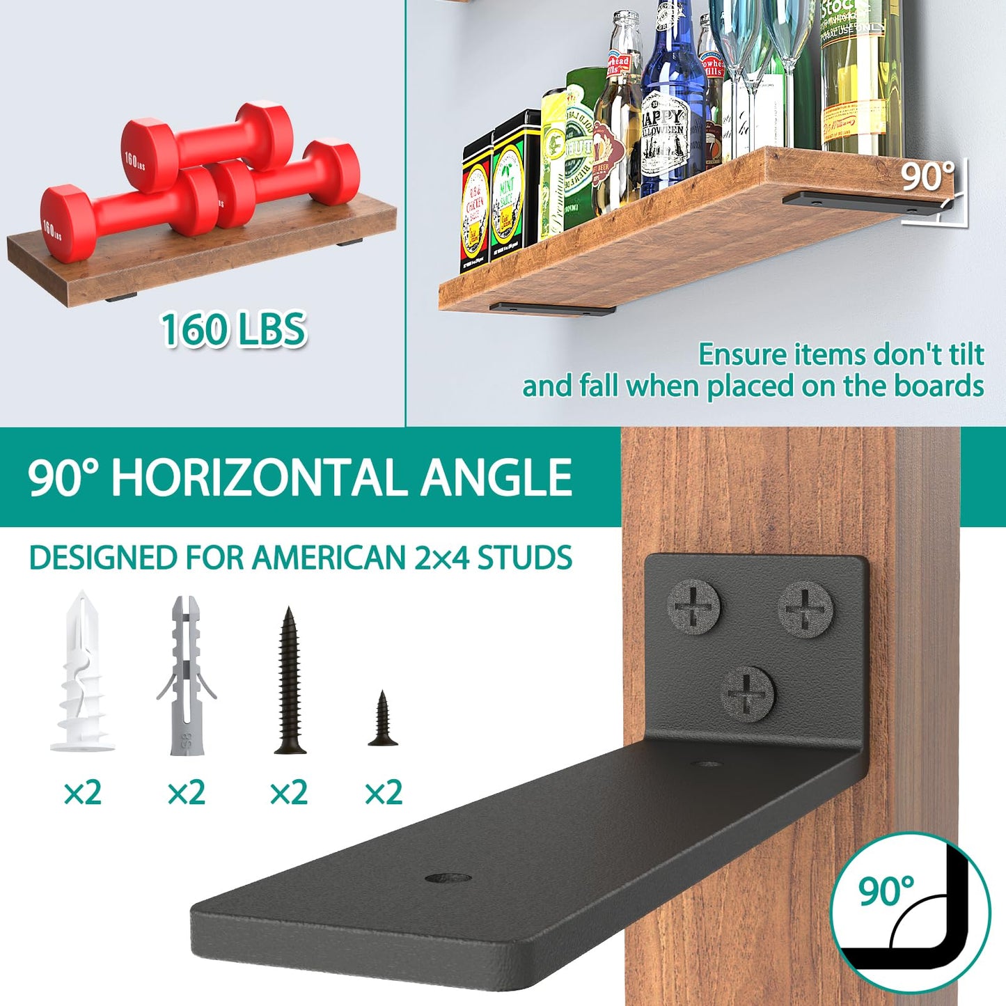 Goovilla Heavy Duty Floating Shelf Brackets, 8 Inch, 4 Pack L Brackets for Wood Shelves, Black Metal Wall Shelving Brackets, 160 lb. Load Capacity
