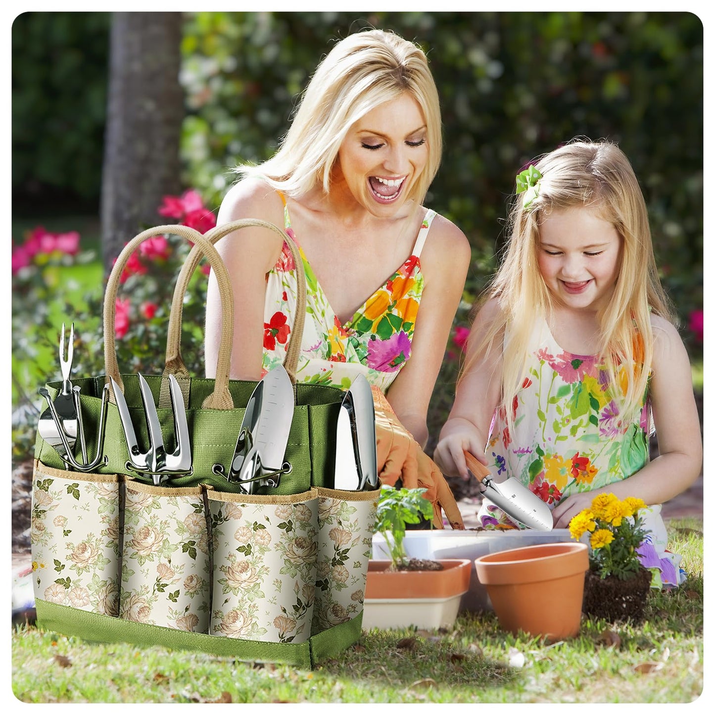 Grenebo Garden Tools 9-Piece Heavy Duty Gardening Tools with Pruning Shears & Large Garden Tote, Rust-Proof Tools Set for Gardening, Ideal Gardening Gifts for Women & Birthday Gifts for Mom