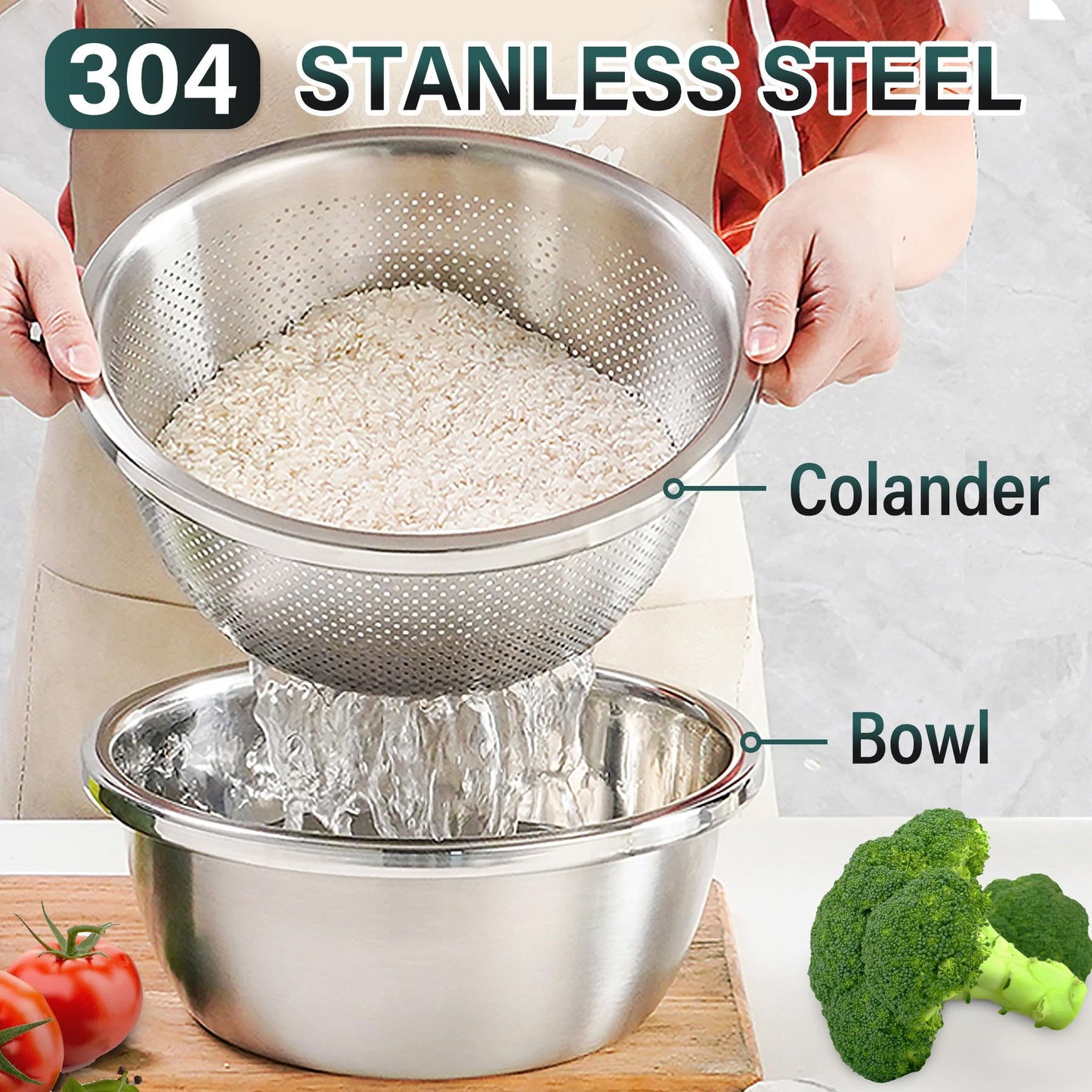 POPGRADE 304 Stainless Steel Colander with Bowl, 5-Qt Large Rice Washing Bowl Colander Food Strainers Set, Fruit Vegetable Washing Basket, Pasta Rice Rinser Strainer Washer (2pcs)