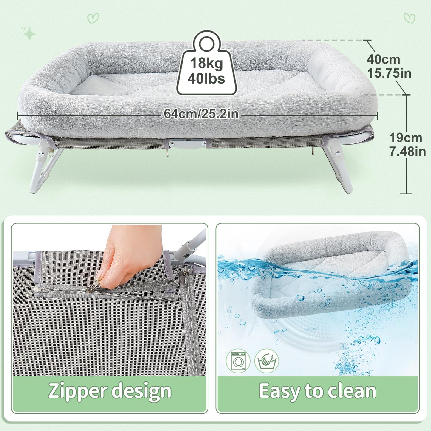 Sunhoo Cat Bed Elevated Hammock for Indoor Cats Raised Small Dog Bed Foldable Large Pet Cot Puppy Chair with Washable Cushion Outdoor Hamac Lit Pour Chat 25.2x15.75x7.48 in Easy Assembly(Grey)