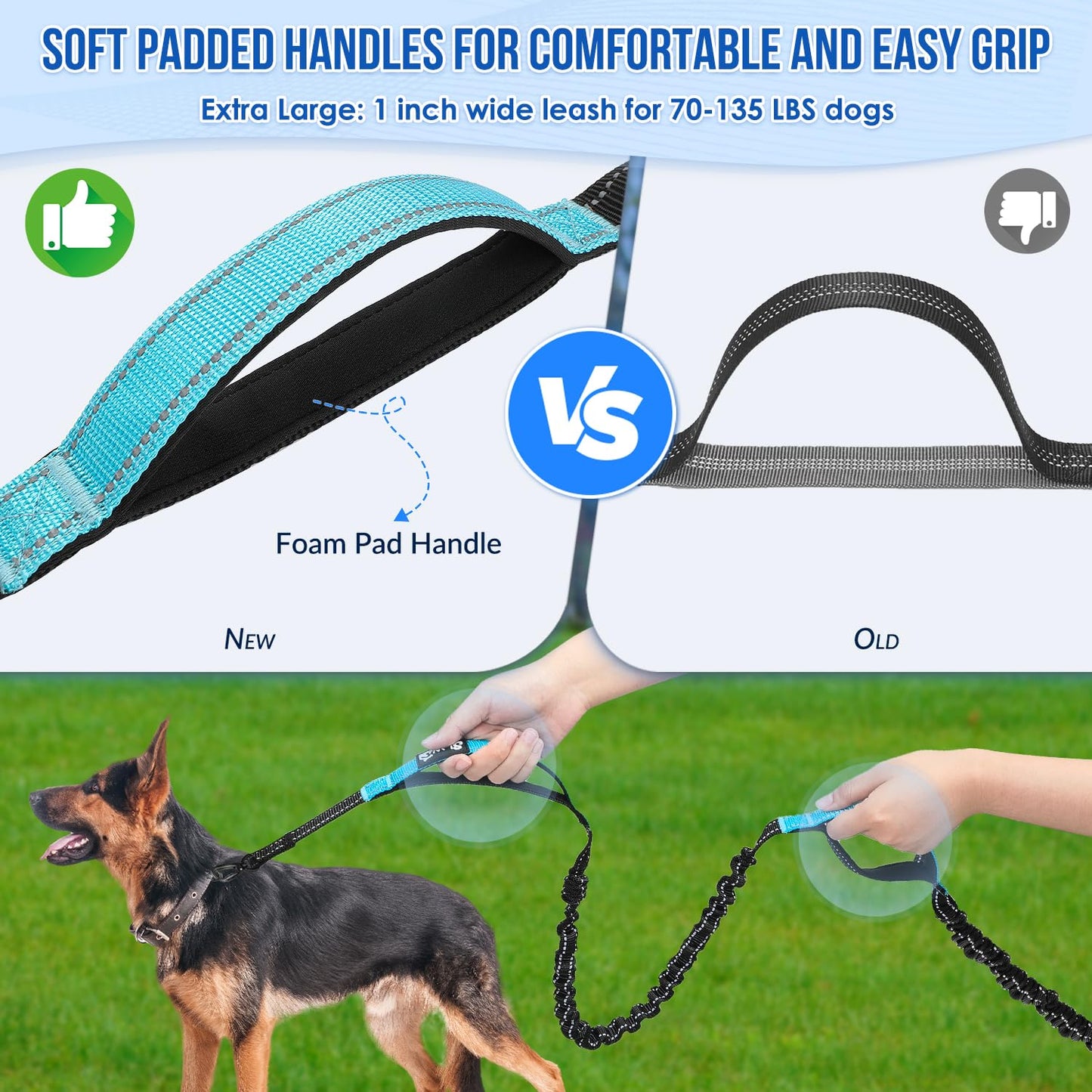 AUTOWT Hands Free Dog Leash for 2 Dogs, Dual Padded Handles and Durable Elastic Bungees with Zipper Pouch, Double Dog Leash with Adjustable Waist Belt for Walking, Jogging and Running(Light Blue, XL)