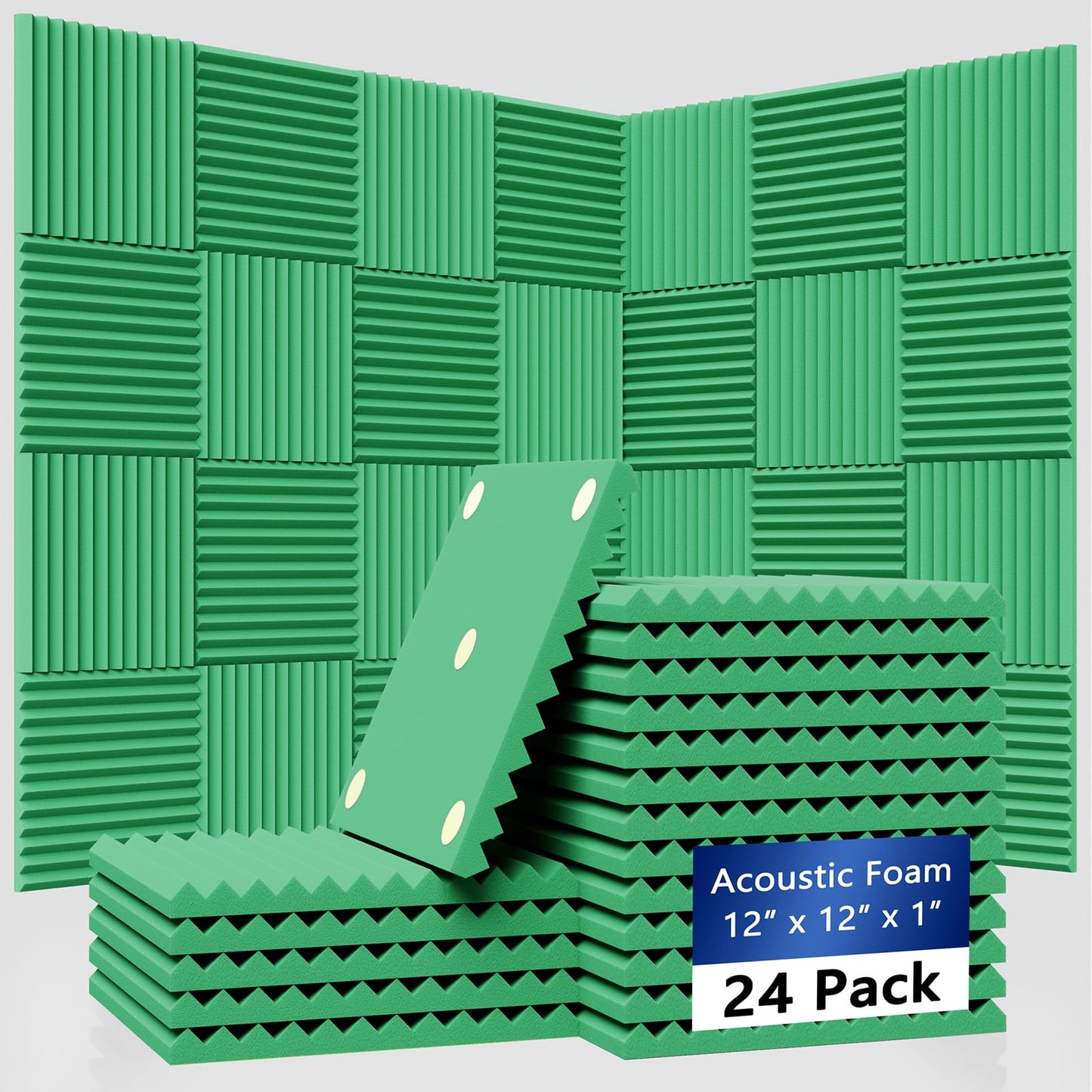TEMGCUAM 24 Pack Sound Proof Foam Panels | 1"×12"×12" Quick-Recovery Soundproof Wall Panels | High Density Sound Dampening Panels for Home Studio | With Adhesive Stickers 120PCS (Green)