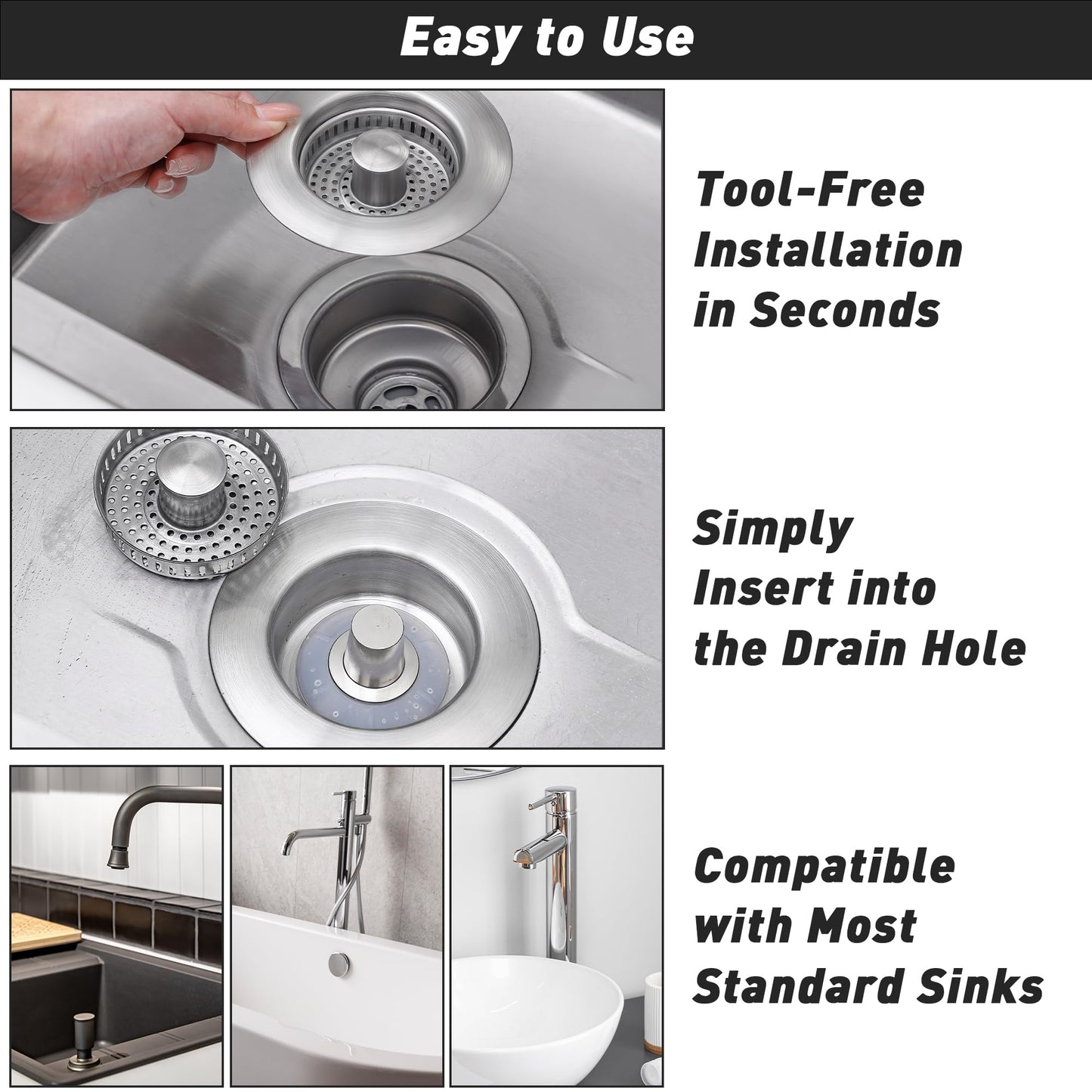 Kitchen Sink Drain Strainer 3-in-1, Stainless Steel Pop-Up Sink Stopper with Copper Bounce Core, Anti-Clog Food Catcher Basket, Universal Brass Strainer for US Standard 3-1/2 Inch Drains (2)