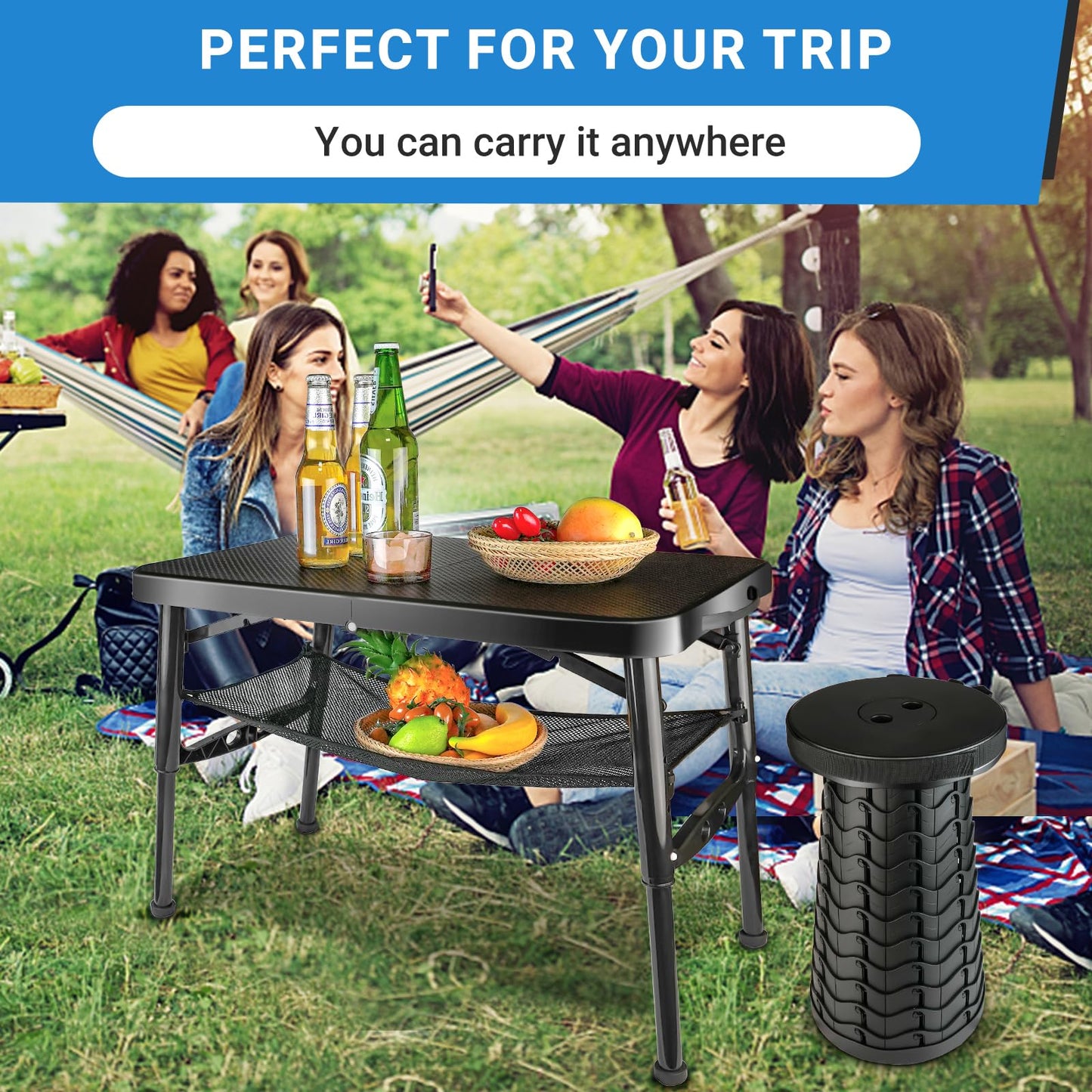 RLX Outdoors Portable Folding Small Coffee Table 25.8x17.5po and Stool, Height Adjustable, Anti-Slip Legs Daycare, Camping, Sports Games, classrooms, Boats… (Blue, Table + Stool)