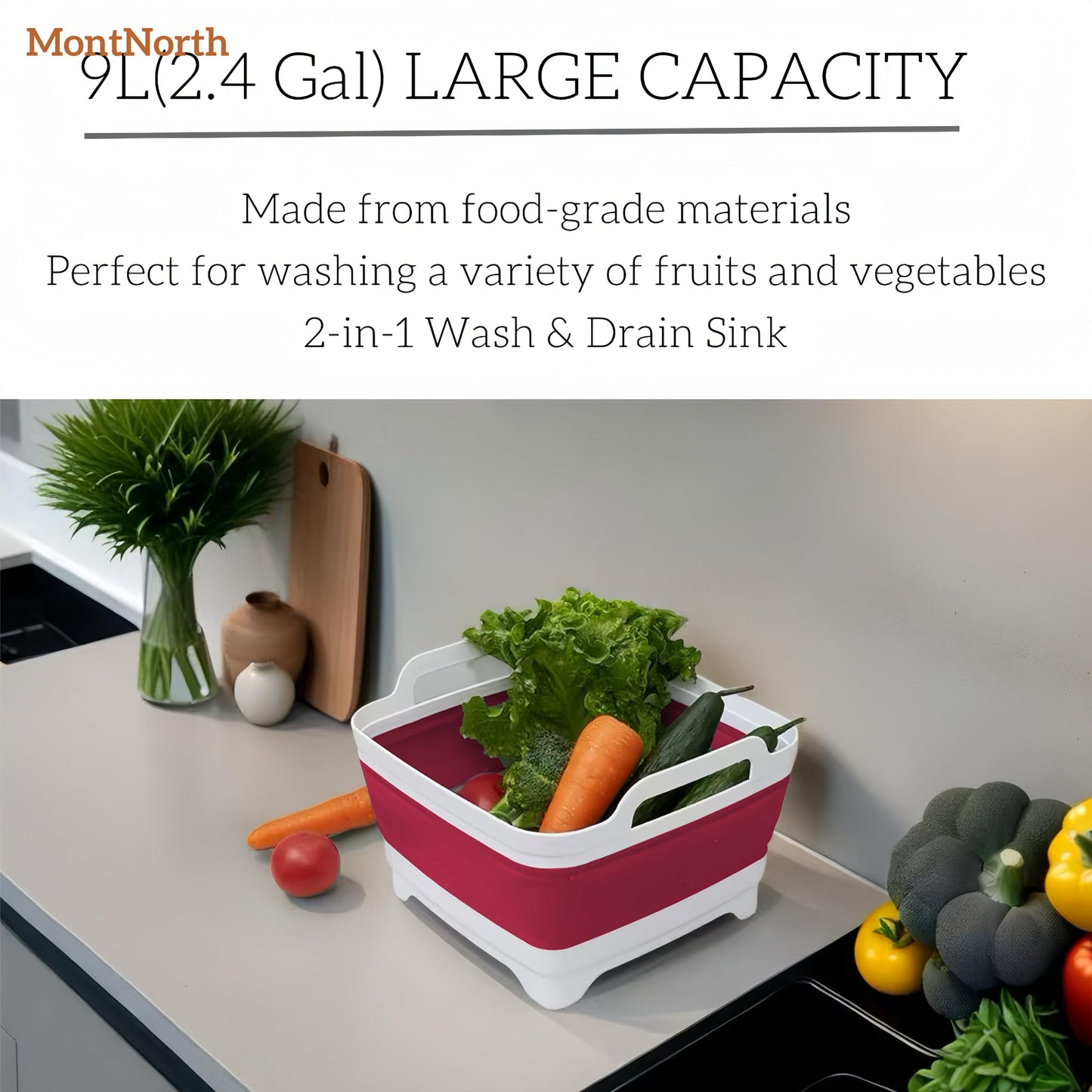 Collapsible Wash Basin 9L, Foldable Dish Tub with Drain Plug, Portable Collapsible Dish Basin, Camping Sink for Washing Dishes, Laundry & Kitchen Use (Viva Magenta)