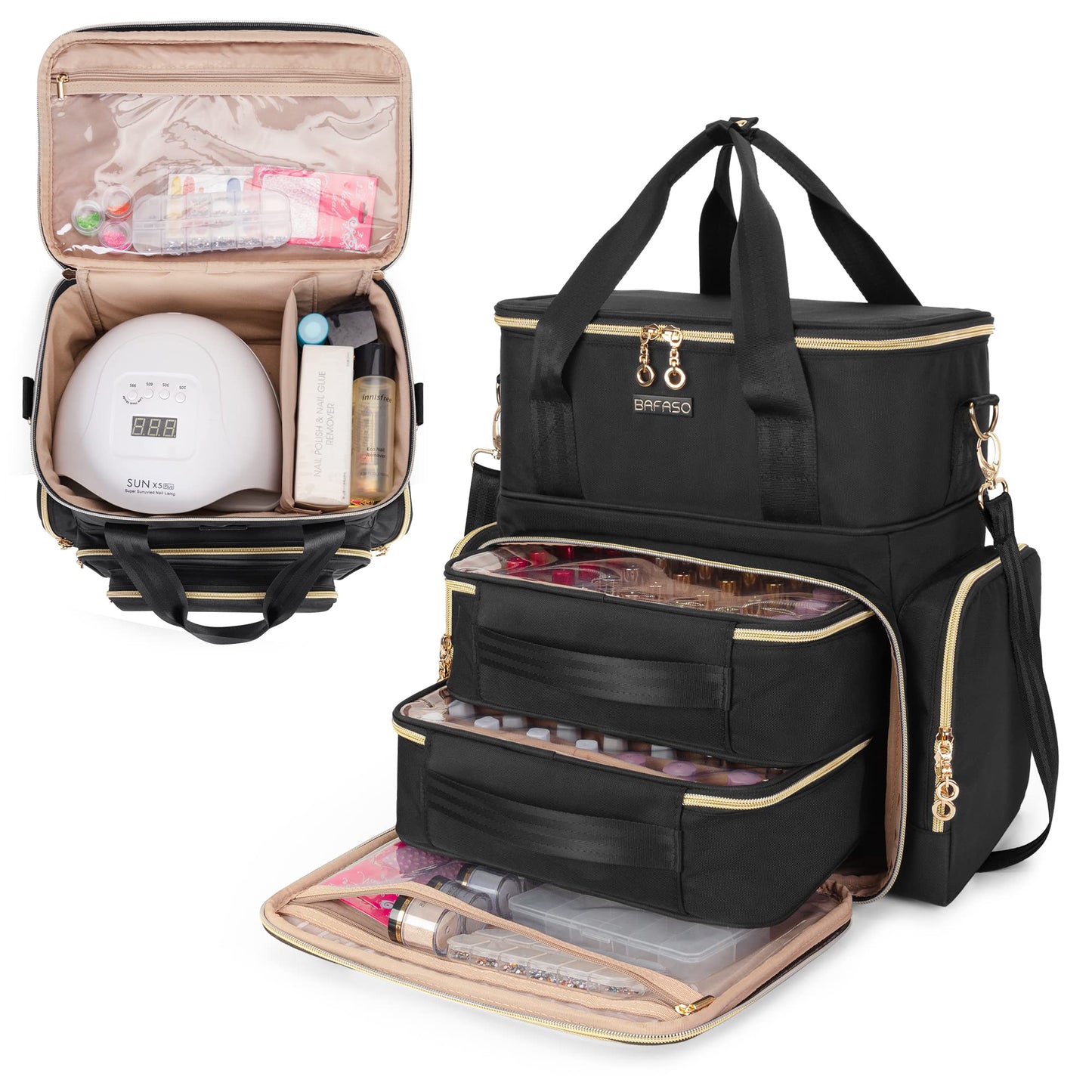 BAFASO Double Layer Nail Polish Organizer Holds 70 Bottles (15ml - 0.5 fl.oz) and a Nail Dryer, Nail Polish Case with 2 Removable Pouches and Tools Storage Sections (Bag Only), Black