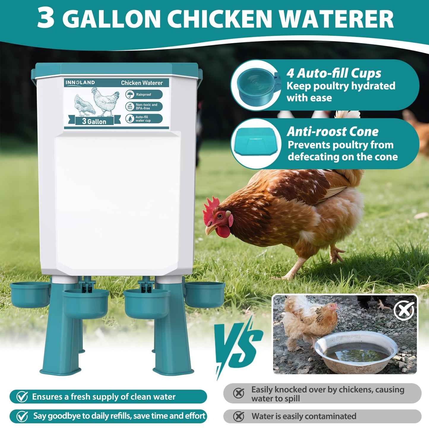 Chicken Feeder and Waterer Set - 3 Gallon/26.5 Pounds, Automatic Chicken Waterer with 4 Cups & 3 Feeder Ports, No Waste Poultry Feeders & Waterers, Chickens Coop Accessories for Hens/Ducks/Poultry