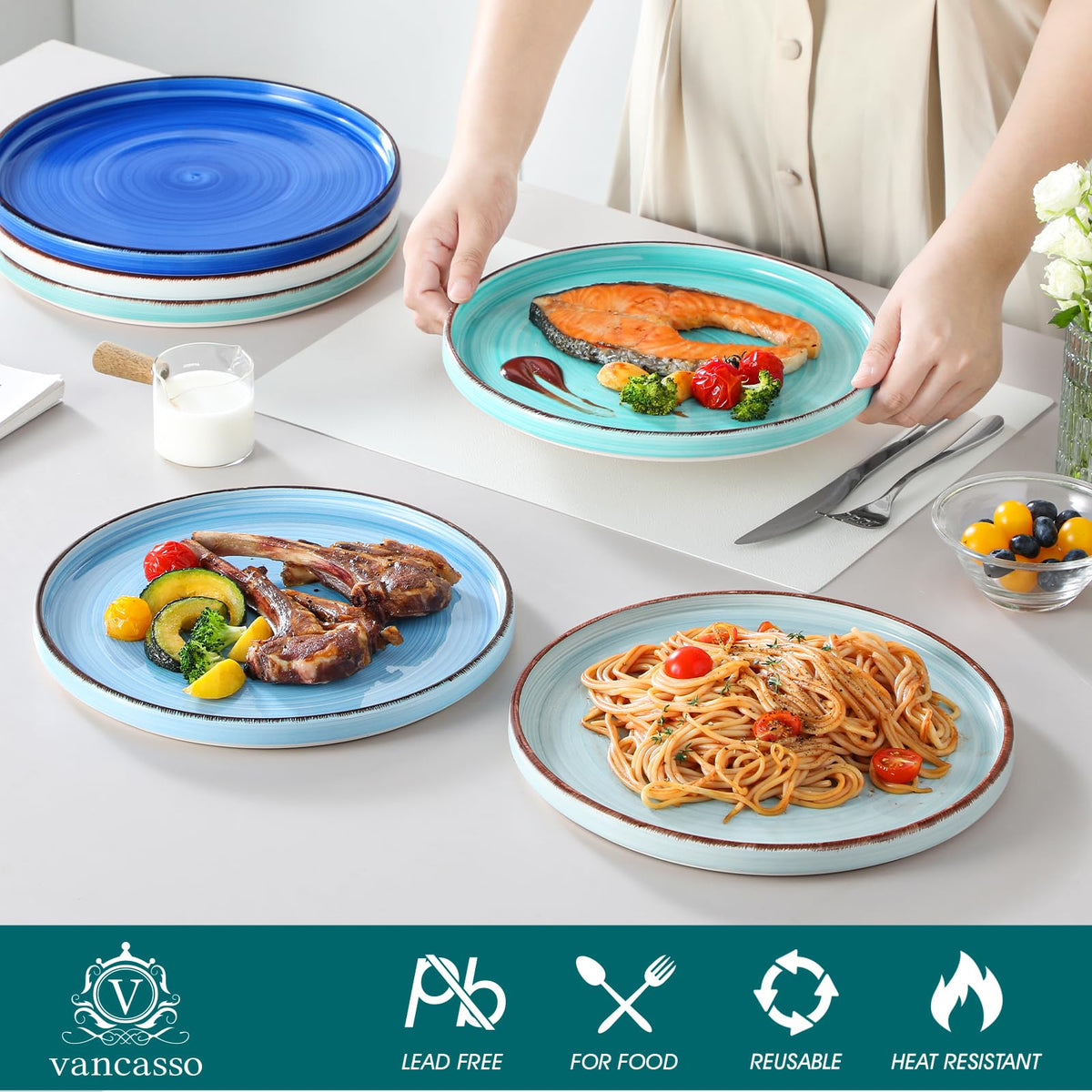 vancasso Bonita 10.5 Inch Dinner Plates, Ceramic Dinner Plate Set, Salad Plates Set of 6, Large Dinnerware Plates, Microwave, Oven and Dishwasher Safe, Blue
