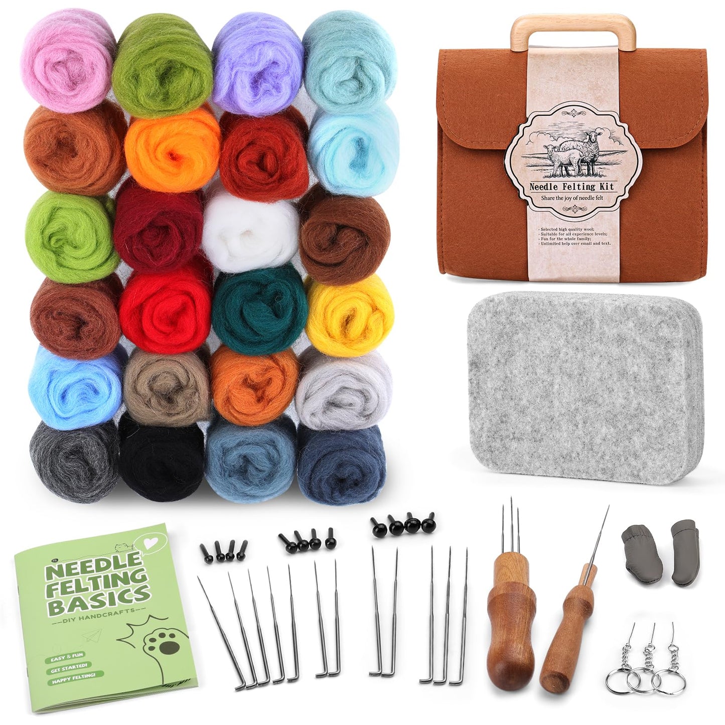 24 Colors Needle Felting Kit, Wool Roving with Felting Needles Kits for Beginners, Needle Felting Starter Kit with Mat Tools Supplies with Storage Bag for Diy Crafting