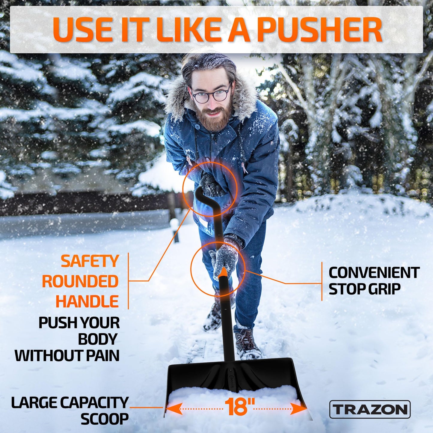 Snow Shovel Heavy Duty for Driveway with Ergonomic Handle to Use Without Backpain for Home Garage Car - Snow Shovel with 18 Inch Blade Large Capacity and 150 Inch Long Ergonomic Handle (Black)