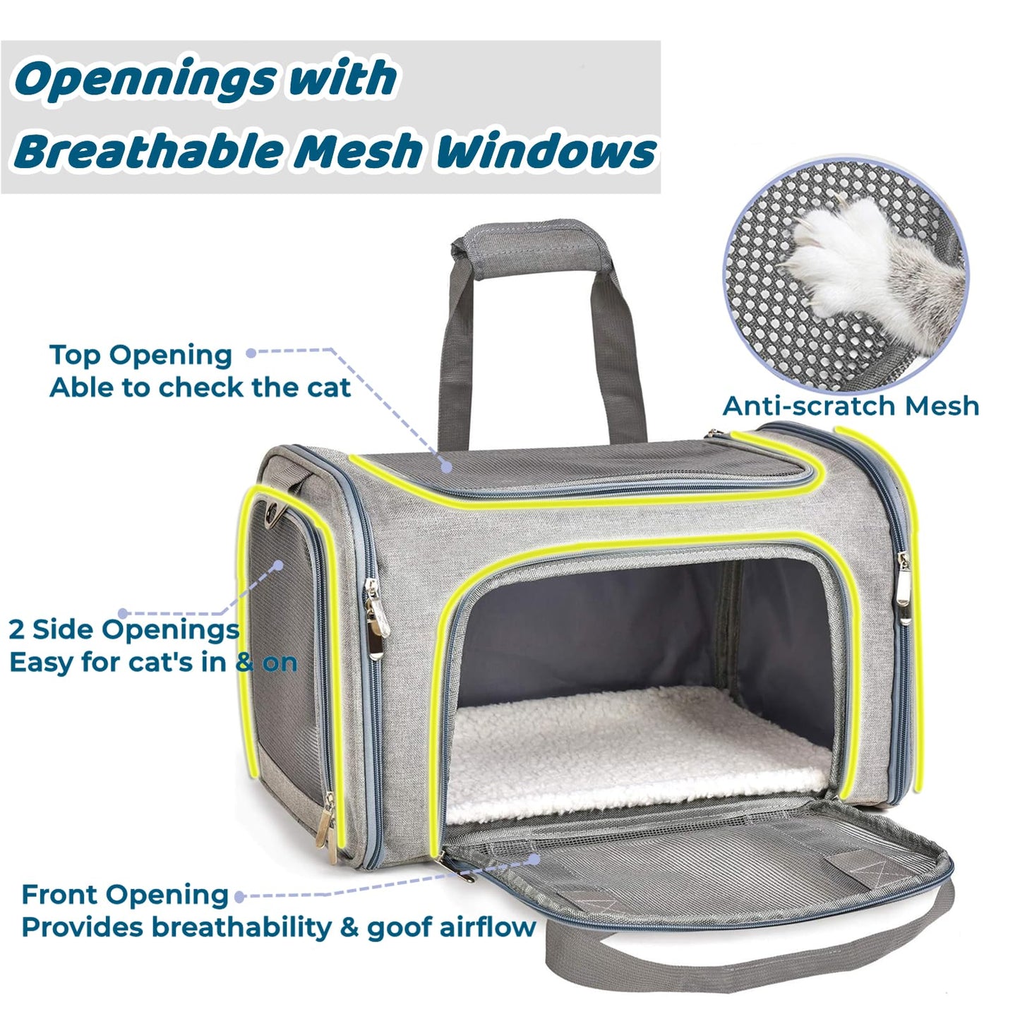 ORYEDA Cat Carrier Bag, Dog Travel Carriers, Soft-Sided Pet Carrier for Small Medium Large Cats and Small Dogs, Portable Carrier with 4 Open Doors and 3 Mesh Windows, Grey, Large
