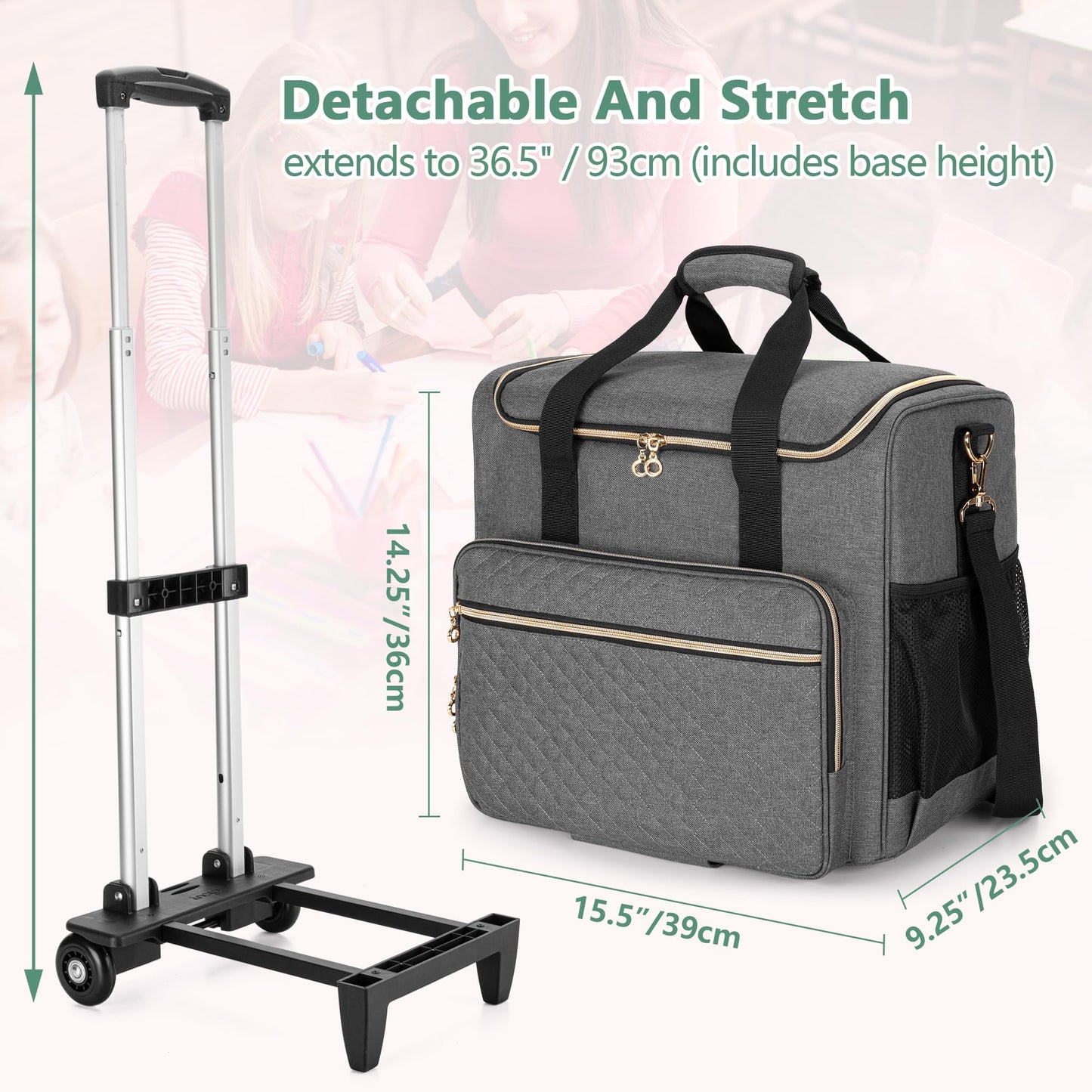 Luxja Rolling Teacher Bag with Laptop Compartment and Detachable Dolly, Multifunctional Rolling Teacher Tote Bag (Patent Pending), Gray