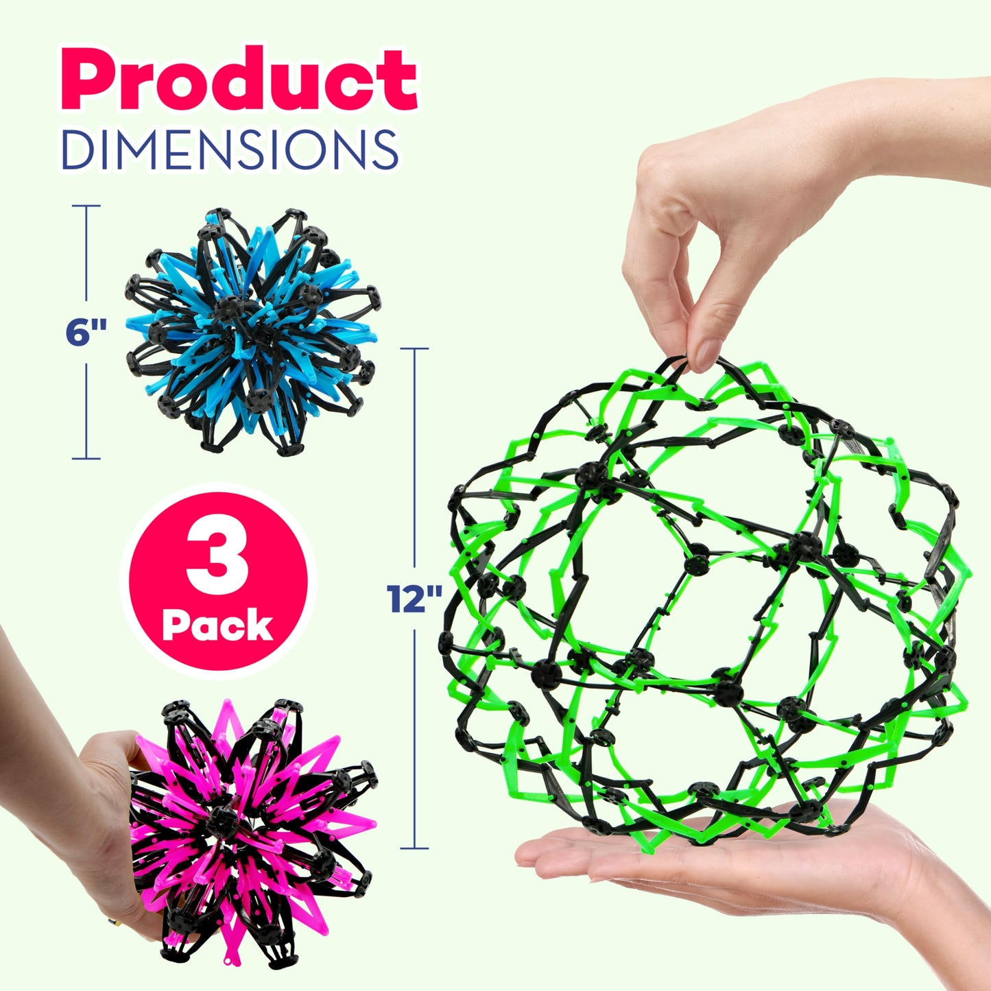 4E's Novelty 3 Pack Expandable Breathing Ball Sphere Toy - Expanding Stress Relief Breathing Ball Toys for Kids & Adults - for Anxiety, Yoga, Deep Breathing, ADHD - Neon Blue, Pink, & Green