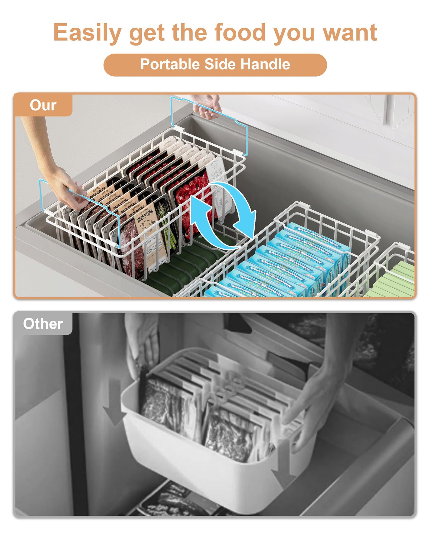 UMDONX 4 Pack Chest Freezer Organizer Baskets Stackable Storage Bins for 7 Cu.Ft Deep with Foldable Handles, Kitchen Pantry Shelf Rack, Durable Metal White Load 45LBS