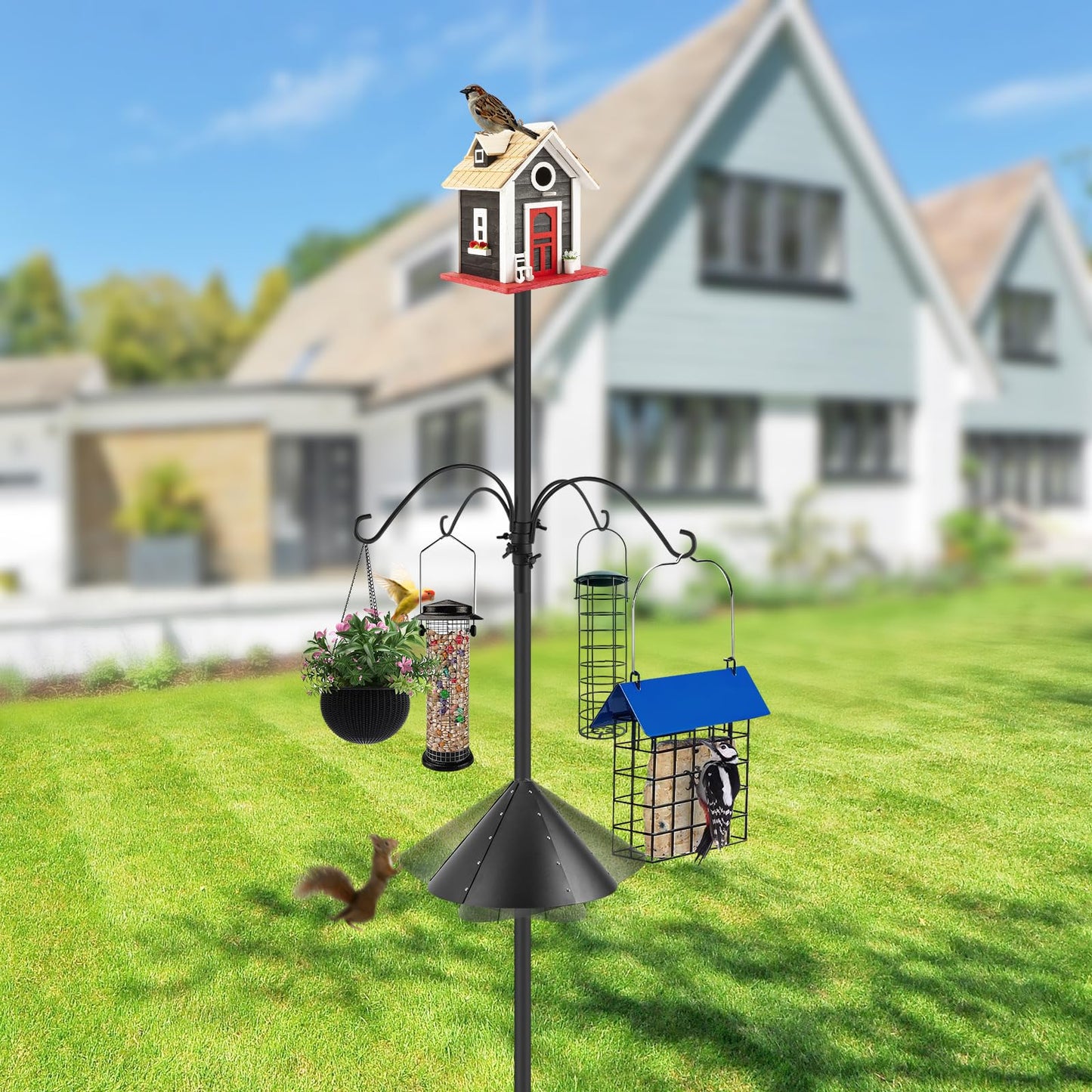 92 Inch Smart Bird Feeders Pole for Outdoor, Heavy Duty Bird House Pole Mount Kit Bird Feeding Station Kit with Squirrel Guard Baffle 4 Hanging Shepherds Hooks for Attracting Wild Birds