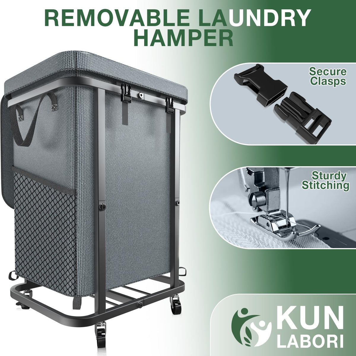 40 Gal(150L) High Grade Large Laundry Basket with Wheels, Rolling Laundry Hamper, Laundry Cart with Metal Frame and Removable Bag Design, Suitable for Laundry Room, Bedroom (Grey, 150L)