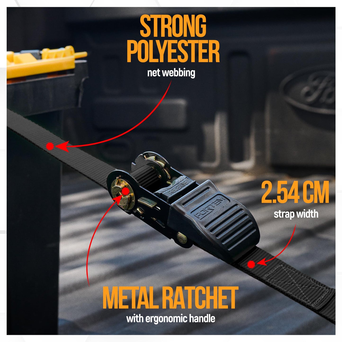 FORTEM Ratchet Straps, 748kg Break Strength, 4 4.57M Tie Down Strap Set, 4 Soft Loops, Motorcycle Straps Tie Downs, Cargo Straps for Trucks, Rubber Handles, Coated Metal Hooks, Carry Bag