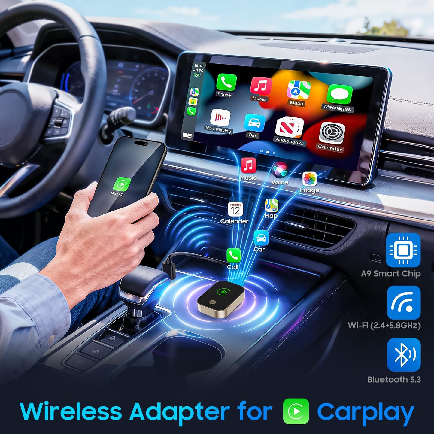 2026 Wireless Carplay Adapter for iPhone,One-Touch Phone Switching for Dual Phone,Bluetooth Car Play Adapter Screen with USB A/C,Auto-Connect,No Delay for Cars 2018+ with Built-in Wired Carplay