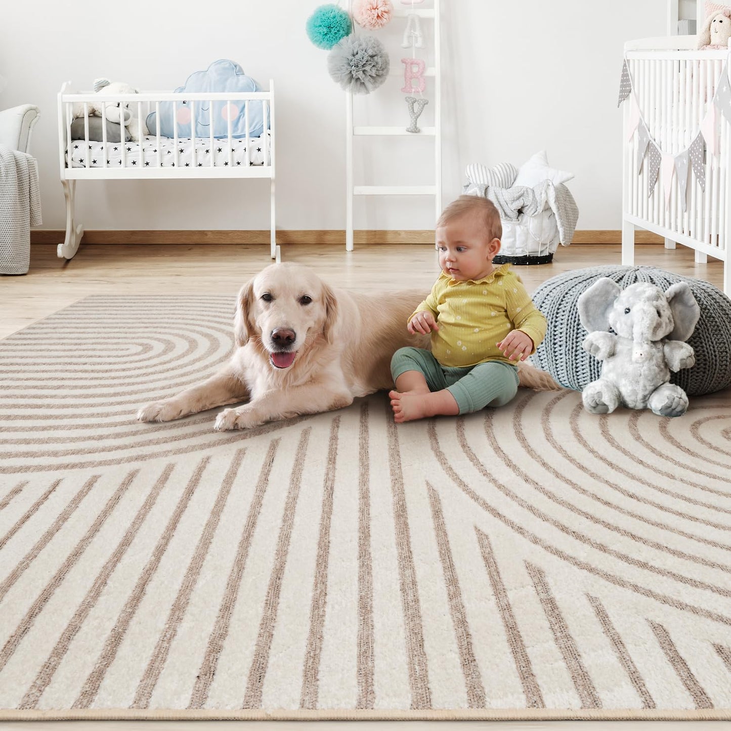 Boho Area Rug 5x7 Machine Washable Rugs for Living Room Non Slip Soft Carpet Geometric Jacquard Textured Carpet for Bedroom Dining Room Nursery Office Living Room Rug -Beige