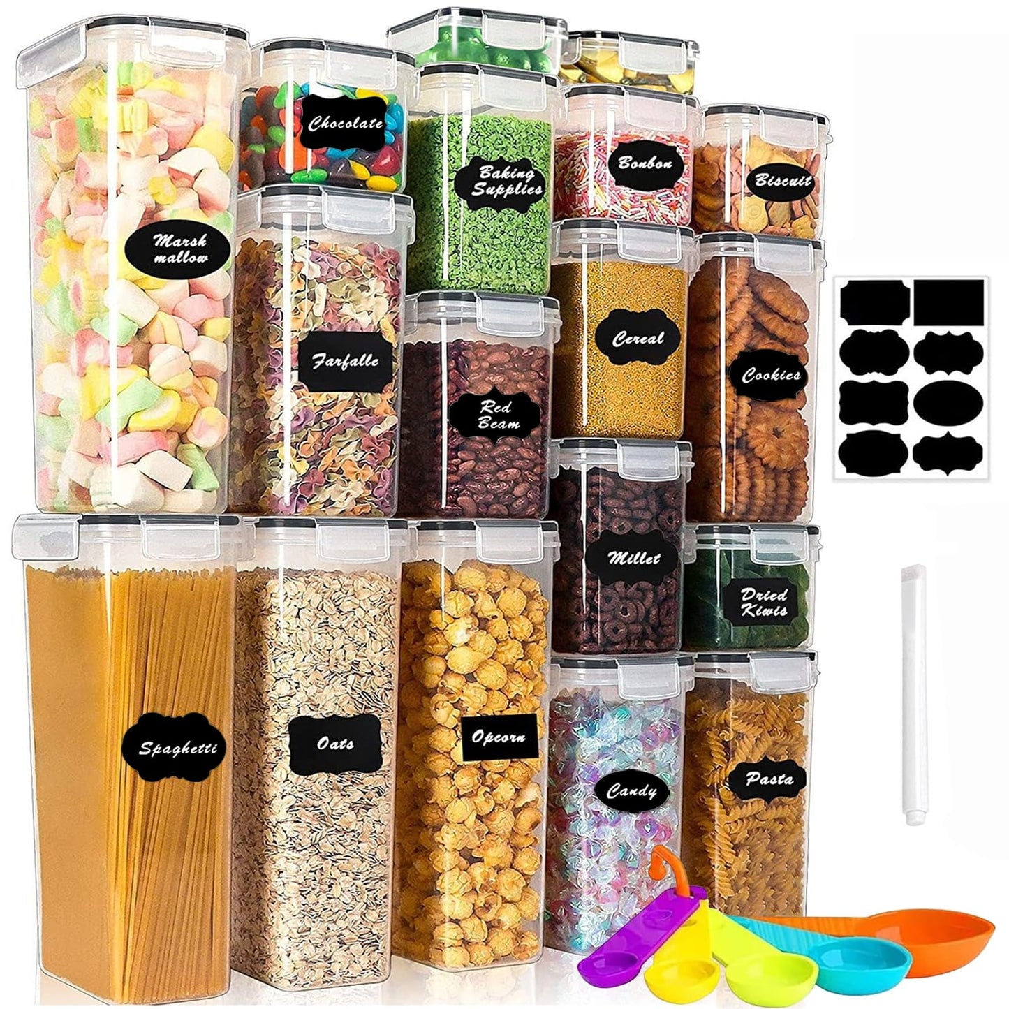 stusgo 18 Pack Airtight Food Storage Containers with Lids, BPA Free Clear Pantry Storage Container for Kitchen Food Pantry Organizers and Storage, Plastic Pantry Organiser for Cereal,Flour and Sugar