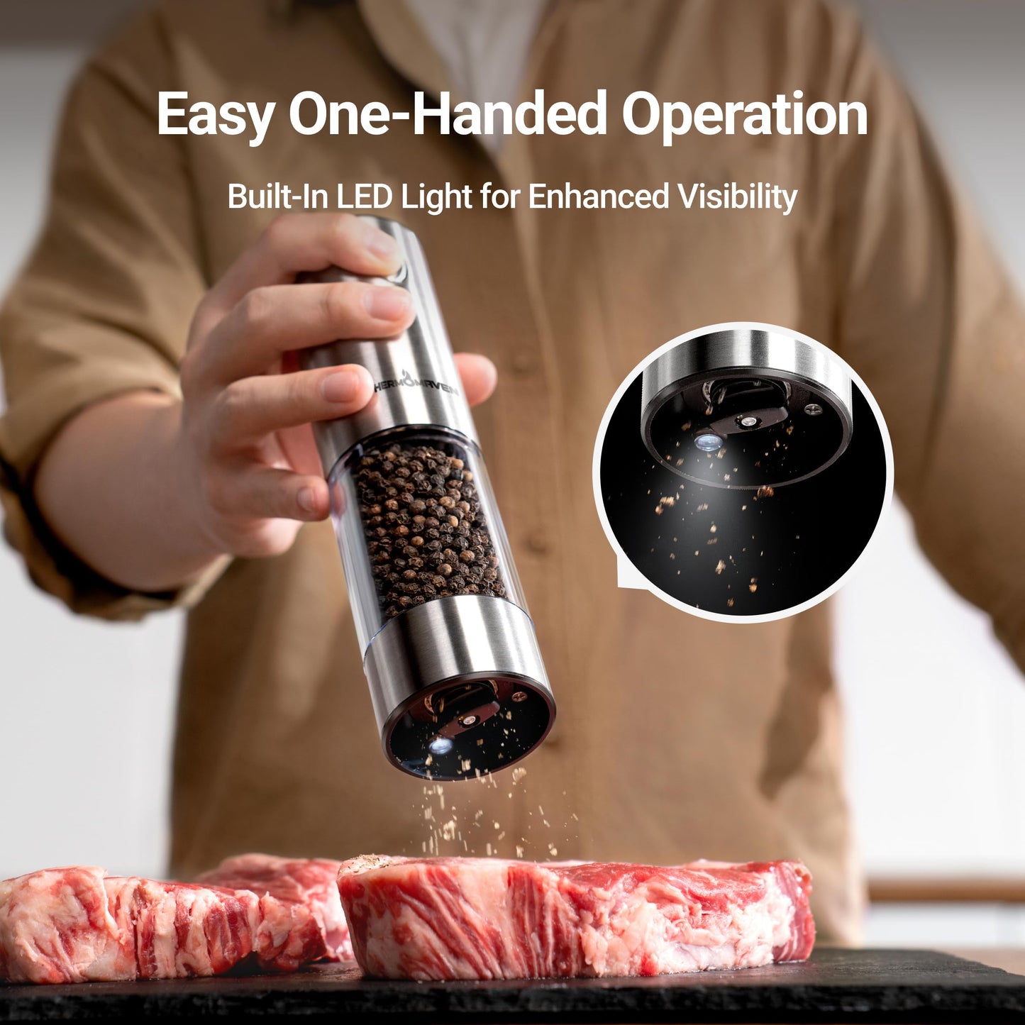 ThermoMaven Electric Salt and Pepper Grinder Set, 110ml Larger Rechargeable Automatic Salt and Pepper Mill Grinder with 6 Adjustable Coarseness, Electric Salt and Pepper Shakers, LED, 2 Packs, Silver