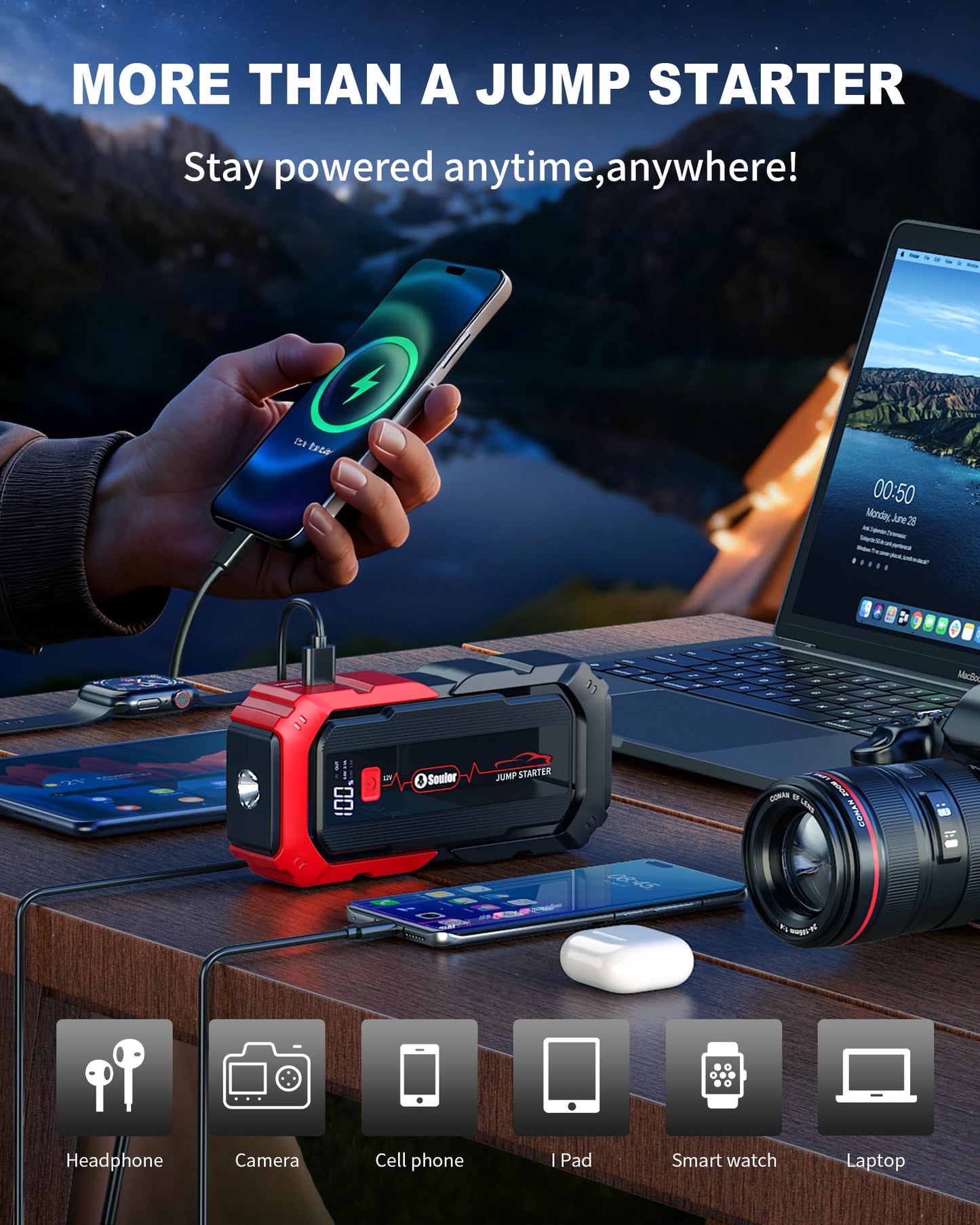 Portable Car Jump Starter,5000A Battery Booster Pack with Jumper Cables LED Lights Car Battery Jump Starter 12V Car Booster Jump Starter