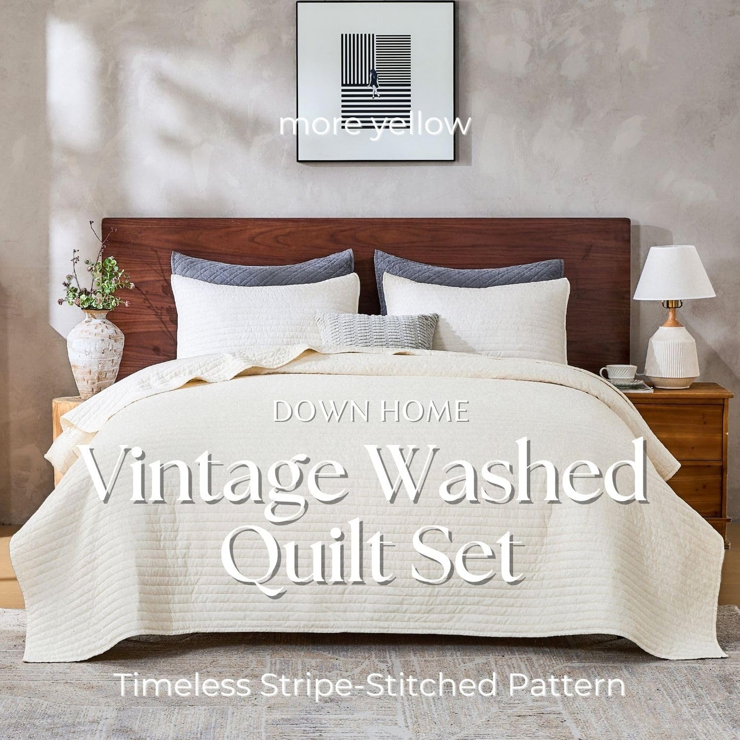 DOWN HOME Queen Quilt Bedding Set with Shams, Vintage Washed Soft Quilted Blanket Thin Comforter Lightweight Bedspread Coverlet Bed Cover, Brushed Microfiber Stripe Stitching, Linen White, 86"x90"