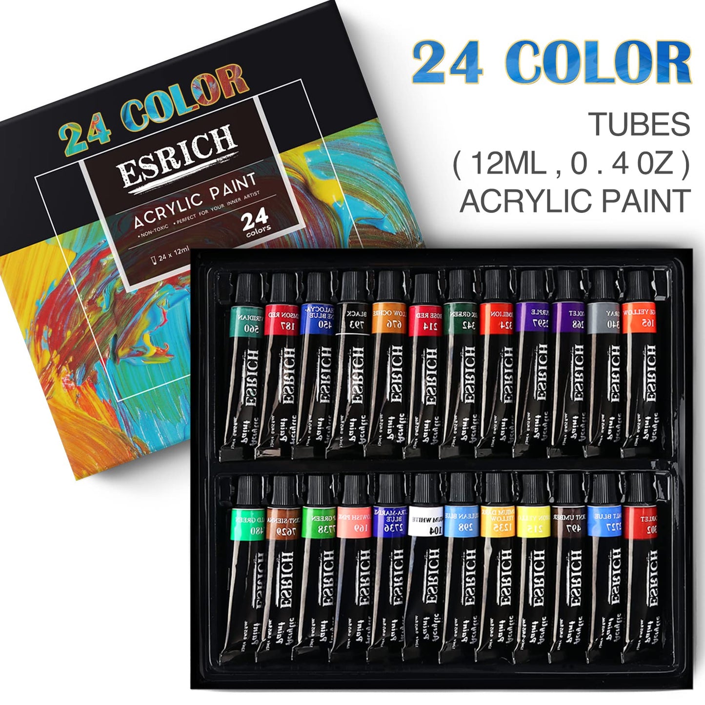 ESRICH Acrylic Paint Canvas Set,42 Piece Professional Premium Paint Kit with 1 Wood Easel,24Colors,10 Brushes,6 Canvases, Painting Supplies Kit for Artists and Beginner
