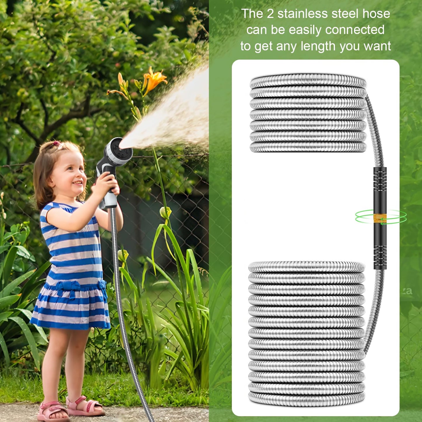 NEYCIL 100ft Stainless Steel Garden Hose, Heavy-Duty Water Hose with 10 Function Nozzle, Puncture Proof, No-Tangle, No-Kink, Garden Hose for Yards, Car Washing & Outdoor Cleaning