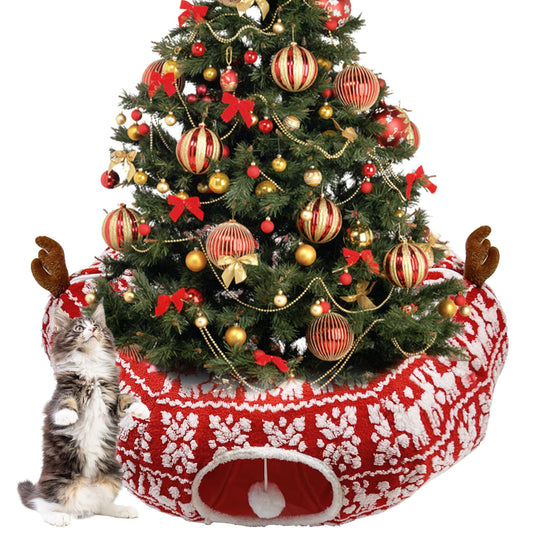 Cat Donut Tunnel for Christmas Tree - Warm Soft Cat Tube Christmas Tree Skirt, Christmas Themed Patterns Cats Red Tunnel Bed with Central Mat Multifunctional Round Pet Cave Toy for Kittens