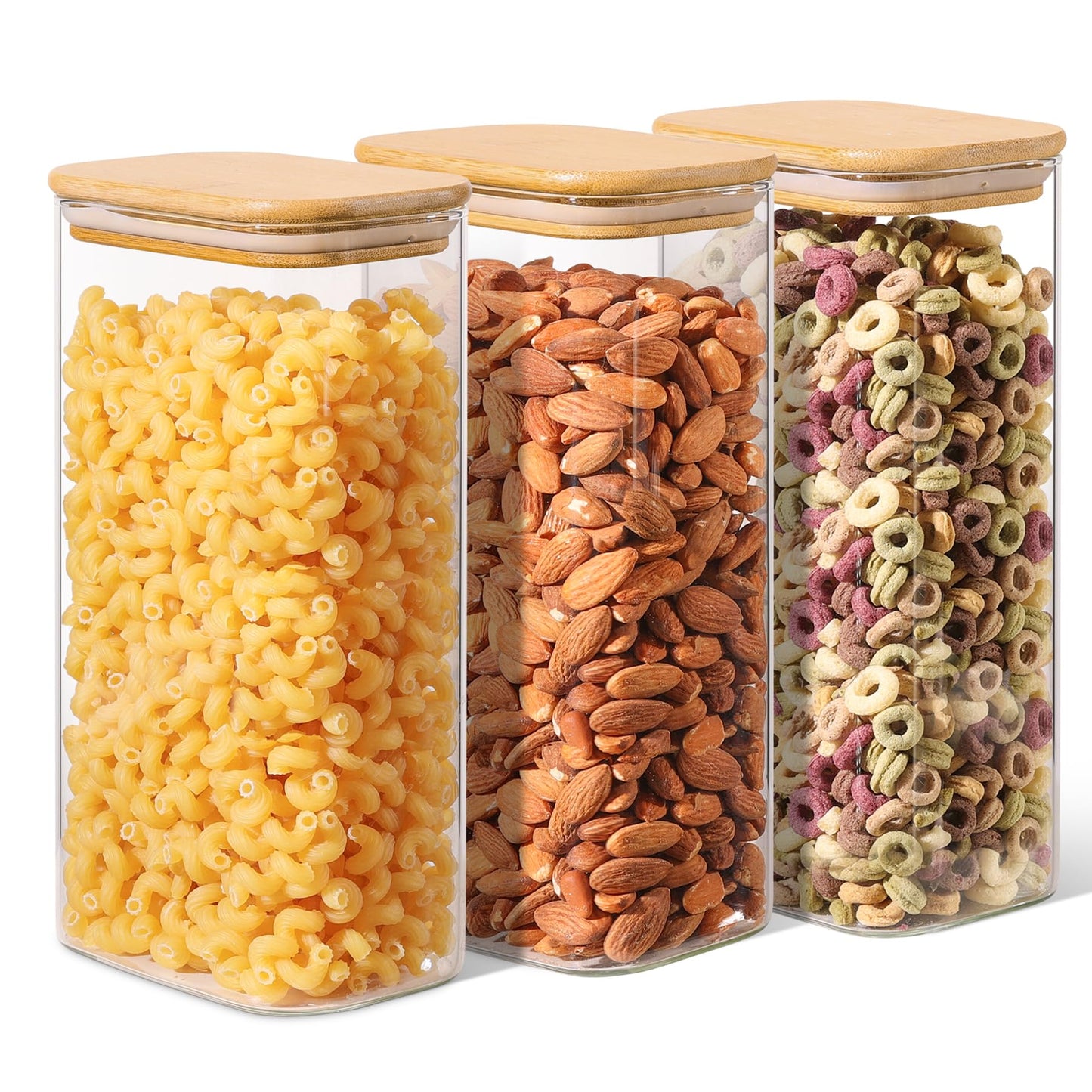 ComSaf 1.7L Rectangle Glass Containers with Lids, Glass Jars with Bamboo Lids, Clear Food Storage Jar, Cereal Storage Containers, Pantry Storage for Brown Sugar Pasta Flour Oats Nuts Tea