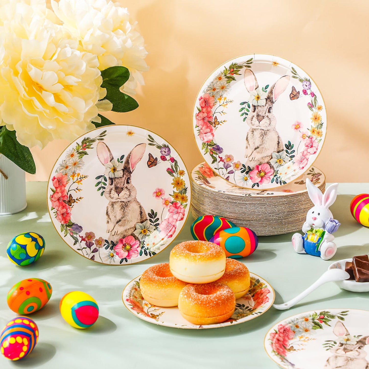 Sunnychicc 100 Pcs Easter Dessert Paper Plates Bulk 7'' Round Disposable Floral Bunny Egg Rabbit Plates for Holiday Spring Tableware Party Supplies(Beige,Cute Bunny)